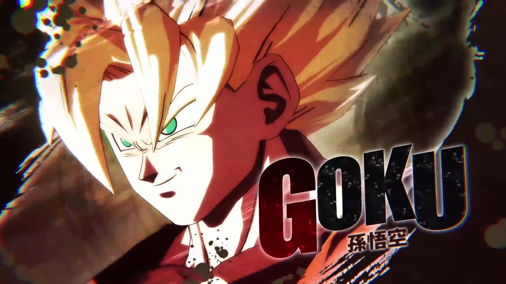 Dragon Ball Fighterz 桌布 壁紙 — 一個兇猛的動漫戰士，擁有尖刺的金色頭髮和綠色眼睛，在黑暗煙霧的背景中凝視。