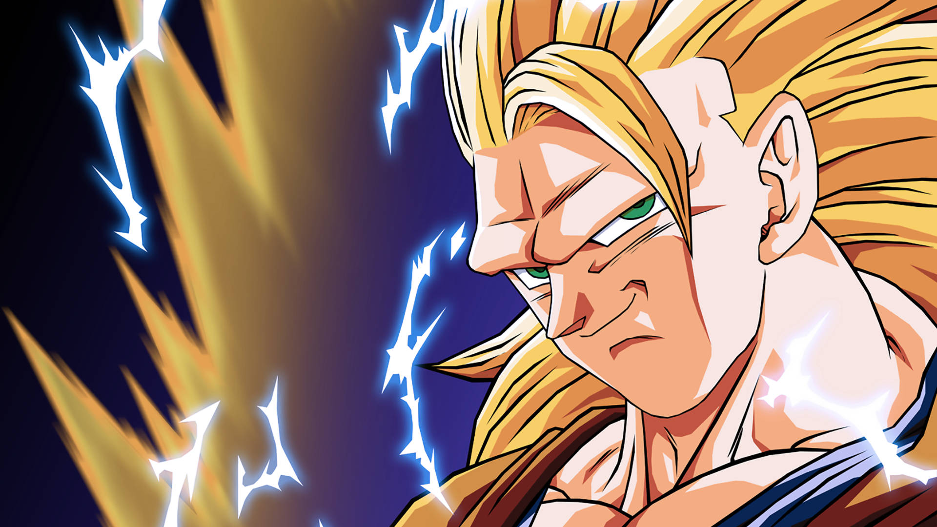Goku Ssj3 桌布 壁紙 — 一個兇猛的動漫戰士，擁有尖刺的金色頭髮和發光的綠色眼睛，在黑暗背景下散發出能量。