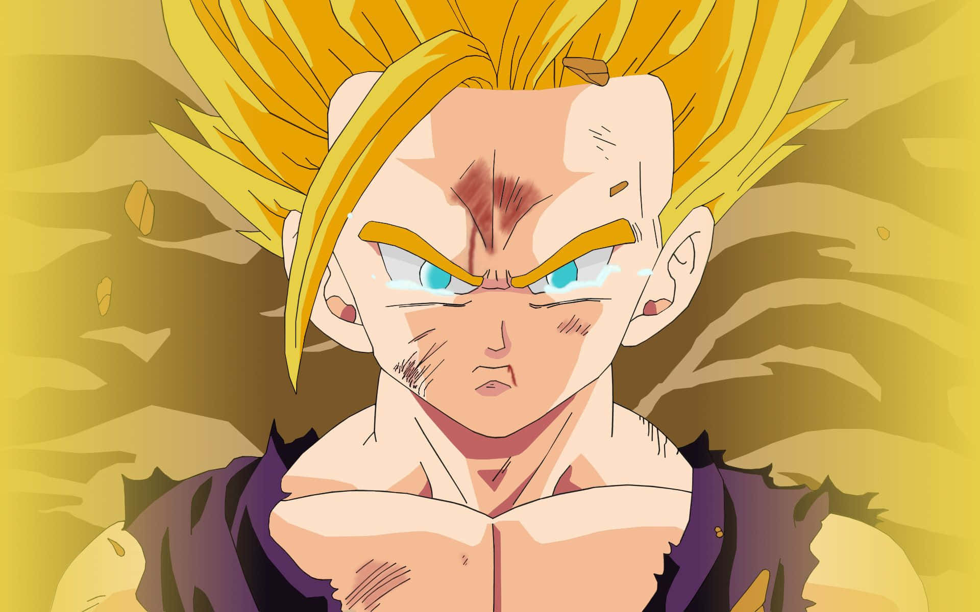 Teen Gohan 桌布 壁紙 — 一個兇猛的動漫戰士，擁有尖刺的金色頭髮和發光的藍色眼睛，在旋轉的黃色背景下強烈凝視。