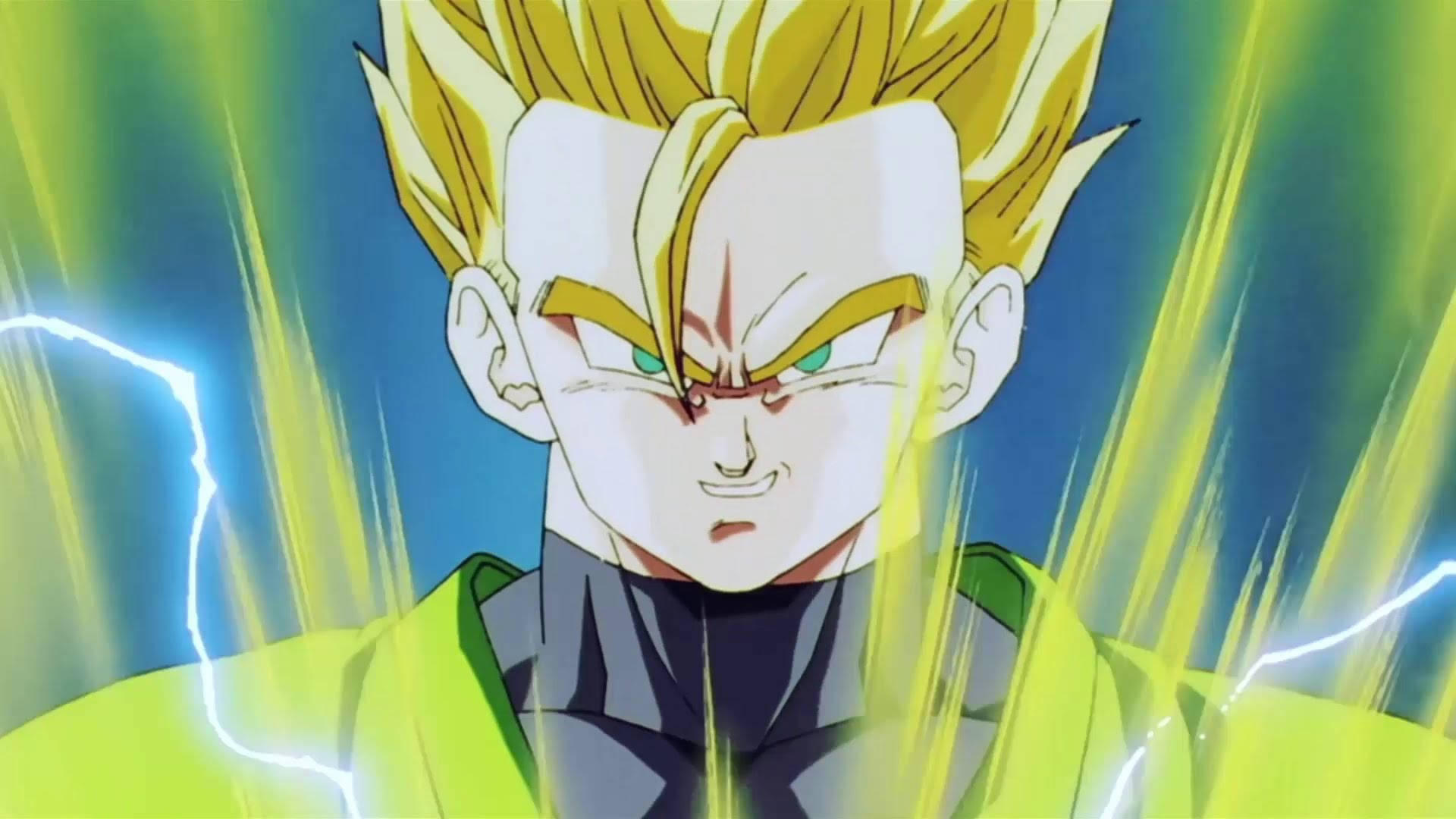 Gohan 桌布 壁紙 — 一個兇猛的動漫戰士，擁有尖刺的金色頭髮和發光的綠色眼睛，在充滿活力的藍色和黃色背景下散發能量。