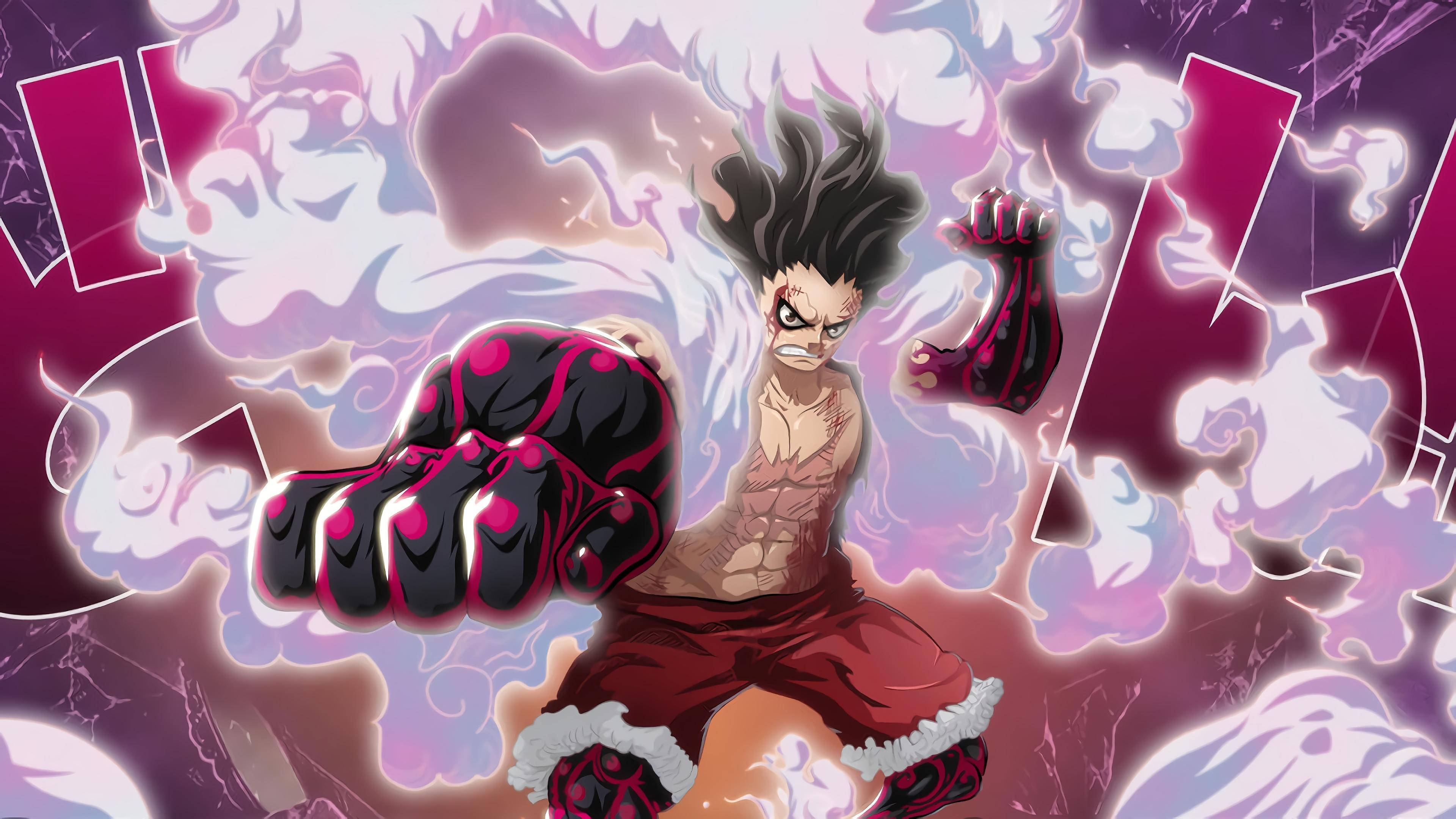luffy 4K 桌布 壁紙 — 一個兇猛的動漫戰士，擁有尖刺的黑髮和發光的紅色拳頭，在旋轉的紫色和白色背景上釋放出強大的能量爆炸。