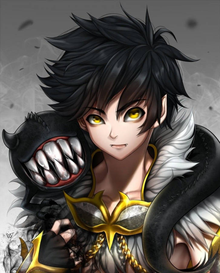 demon boy anime 桌布 壁紙 — 一個兇猛的動漫戰士，擁有尖刺的黑髮和發光的黃色眼睛，在煙霧繚繞的灰色背景下揮舞著一隻怪獸般的爪狀護手。