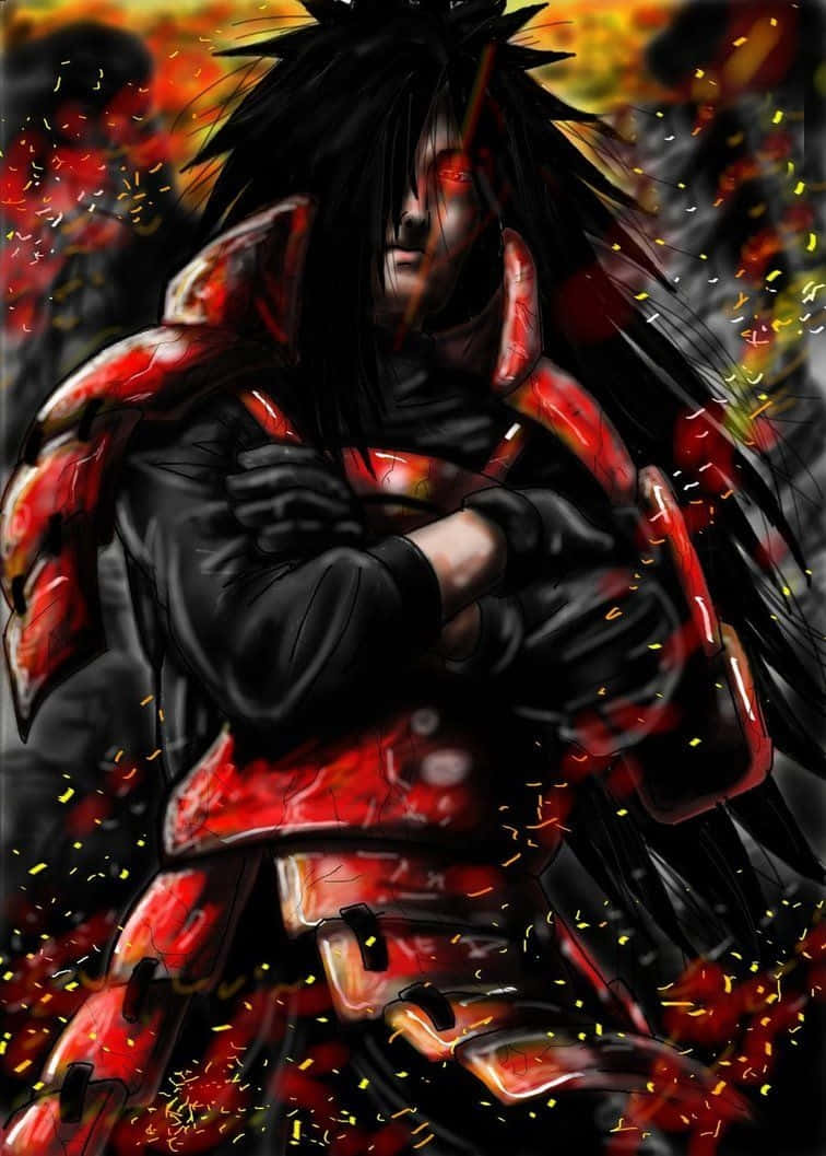 Madara Cool 桌布 壁紙 — 一個兇猛的動漫戰士，擁有尖刺的黑髮和紅色的眼睛，雙臂交叉站立在紅色和橙色火花的爆炸中。
