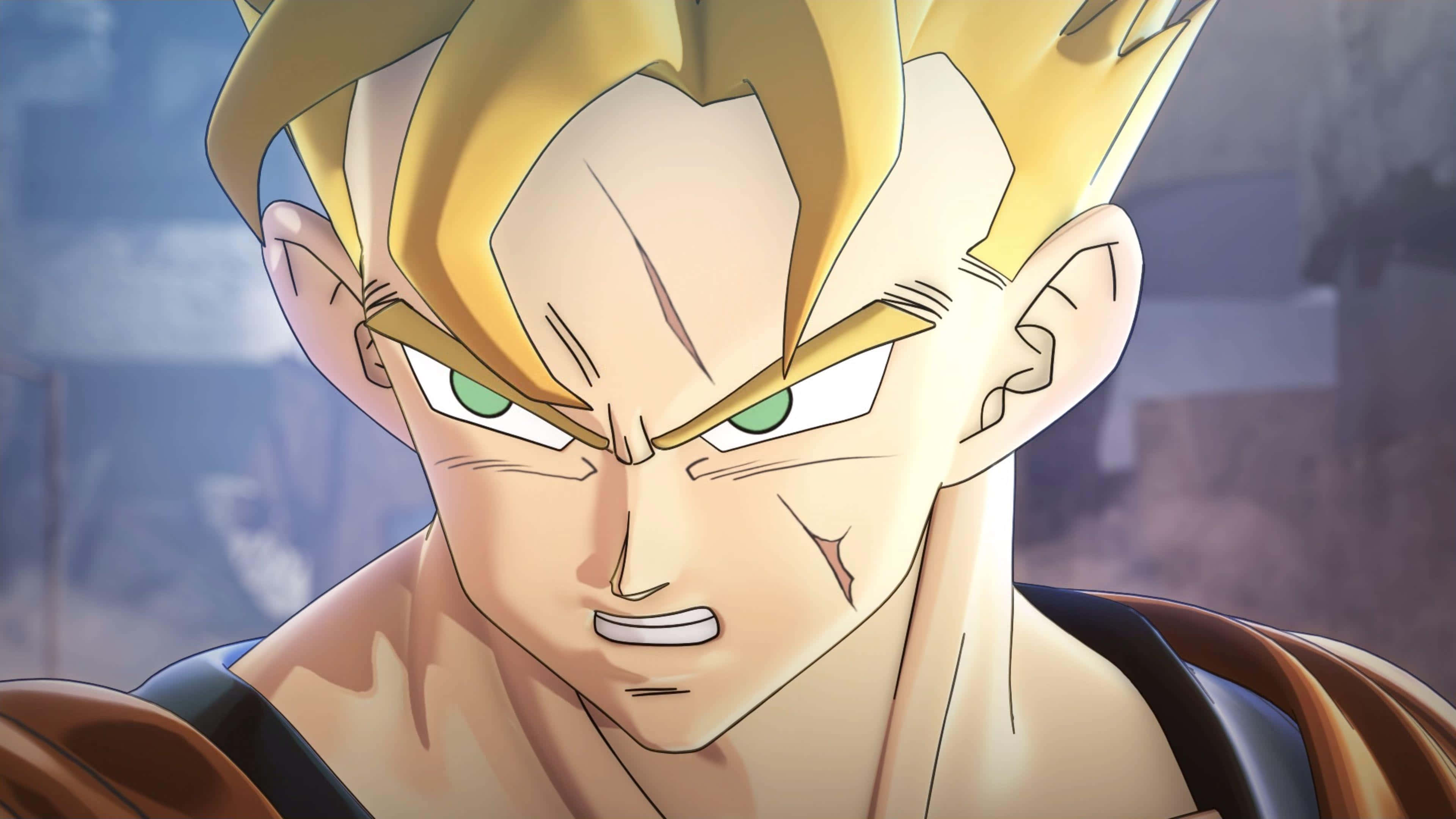 Dragon Ball Xenoverse 桌布 壁紙 — 一個兇猛的動漫戰士，擁有尖刺金色頭髮和綠色眼睛，咬緊牙關，眼神凌厲。