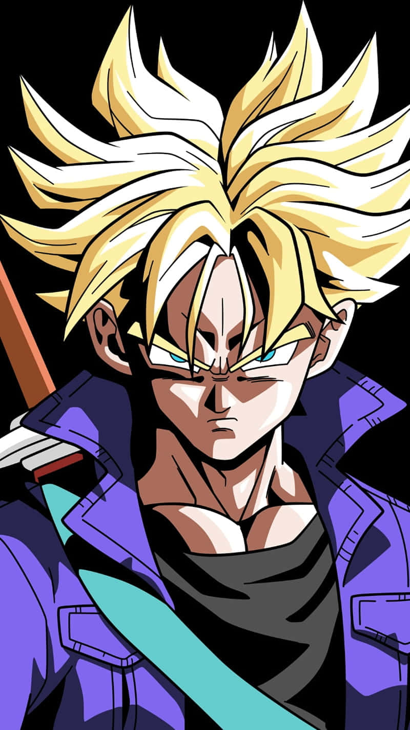 Dragon Ball Z Trunks 桌布 壁紙 — 一個兇猛的動漫戰士，擁有尖刺金色頭髮和發光的眼睛，在黑色背景下強烈凝視。