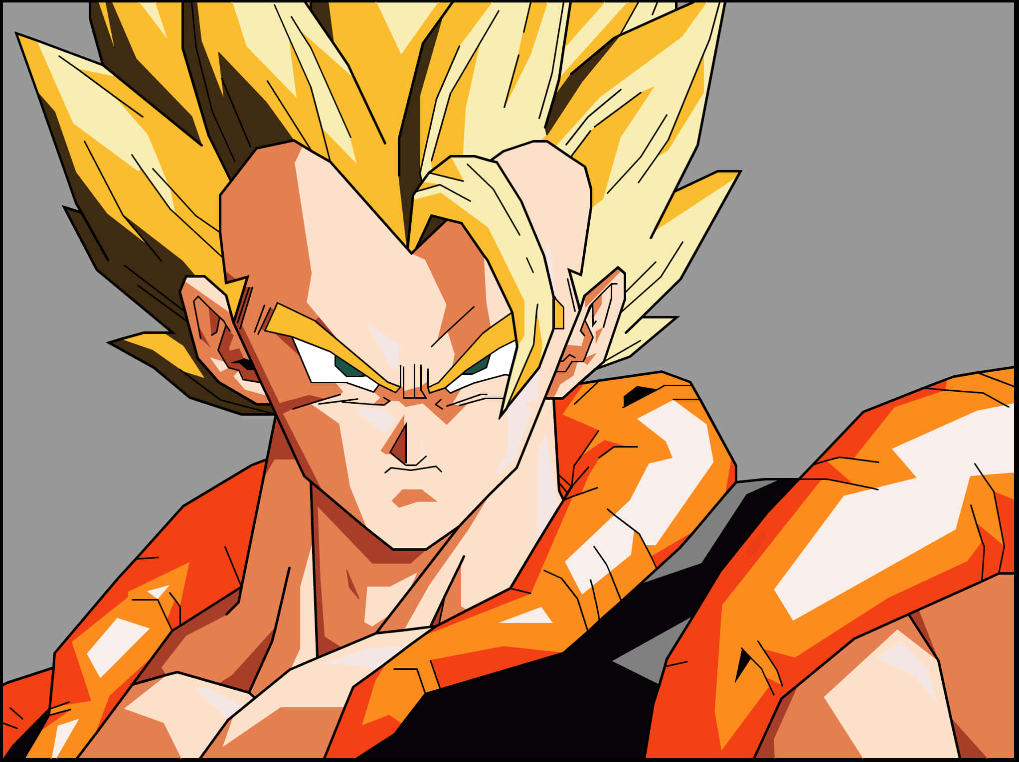 Dbz 桌布 壁紙 — 一個兇猛的動漫戰士，擁有尖刺金髮和橙色盔甲，在灰色背景下強烈凝視。