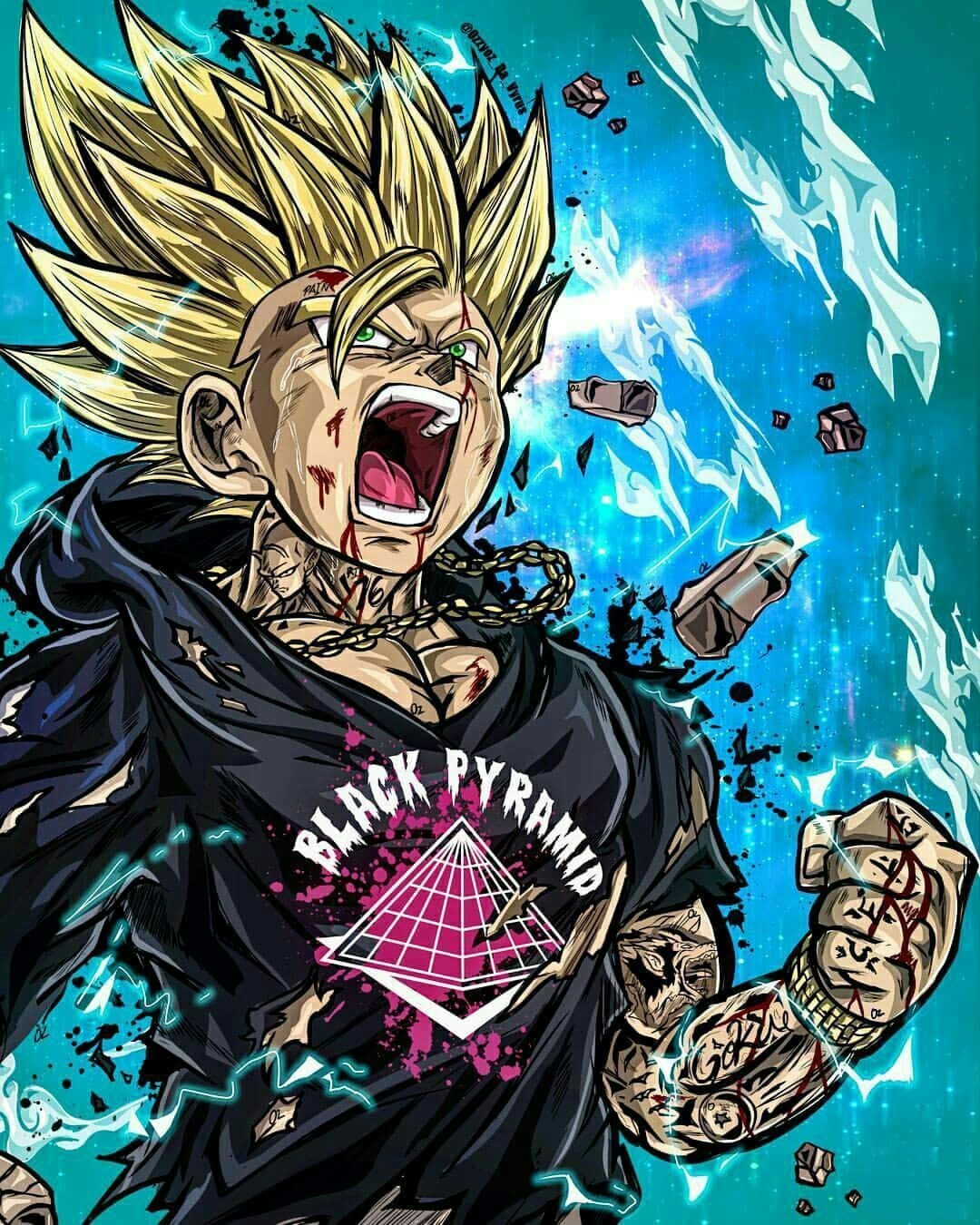 動漫男孩 桌布 壁紙 — 一個兇猛的動漫戰士，擁有尖刺金髮和血跡斑斑的臉，在充滿破碎碎片和發光能量的宇宙藍色背景前咆哮。