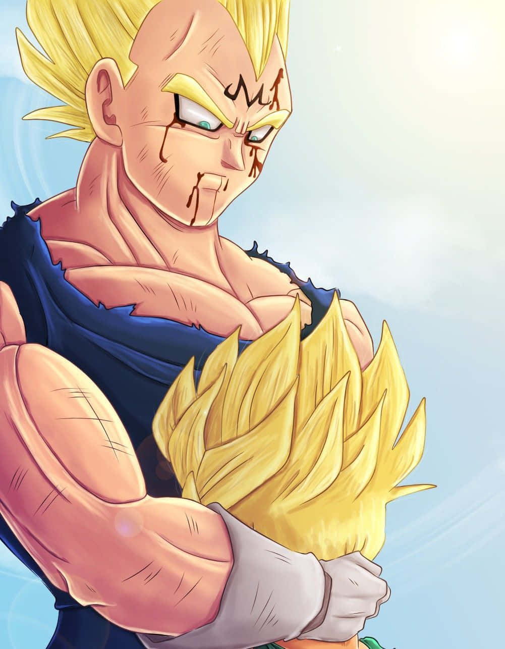Vegeta And Trunks 桌布 壁紙 — 一個兇猛的動漫戰士，擁有尖刺金髮和戰鬥傷疤，在柔和的藍天下抓住一個較小的自己。