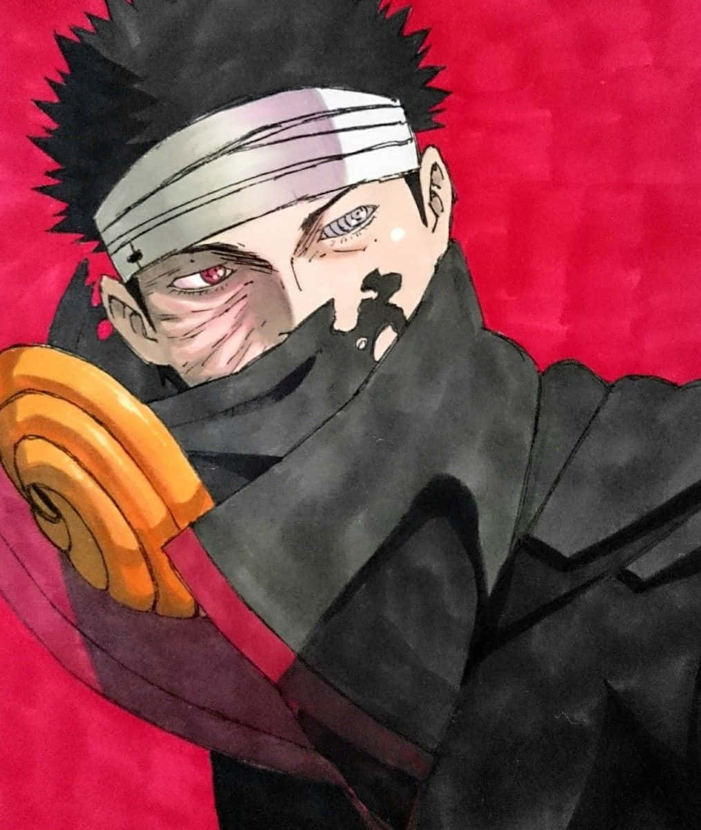 Akatsuki Mask 桌布 壁紙 — 一個兇猛的動漫戰士，擁有尖刺黑髮和紅色眼睛，在鮮紅背景下強烈凝視。