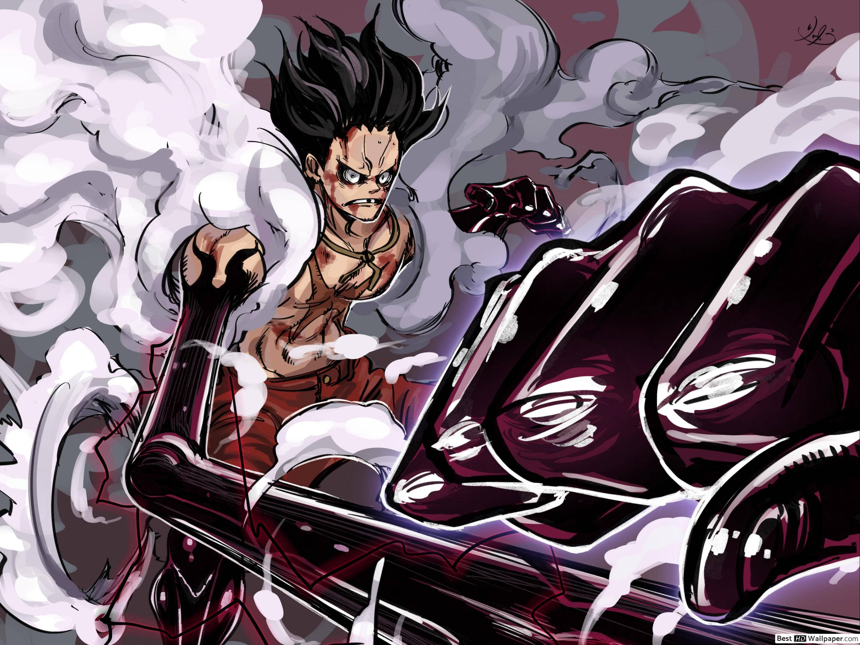 luffy gear 4 桌布 壁紙 — 一個兇猛的動漫戰士，擁有尖刺黑髮和血跡斑斑的臉，在旋轉的煙霧中咆哮，同時緊握著一把巨大的黑暗武器。