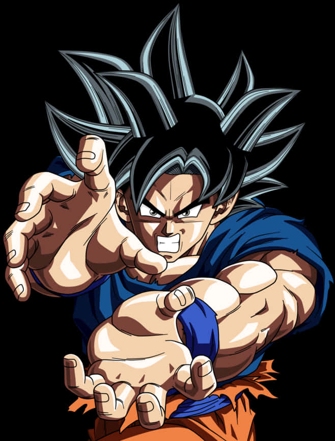 Ultra Instinct Goku 桌布 壁紙 — 一個兇猛的動漫戰士，擁有尖刺黑髮和藍色道服，在黑色背景前握緊拳頭向前衝。