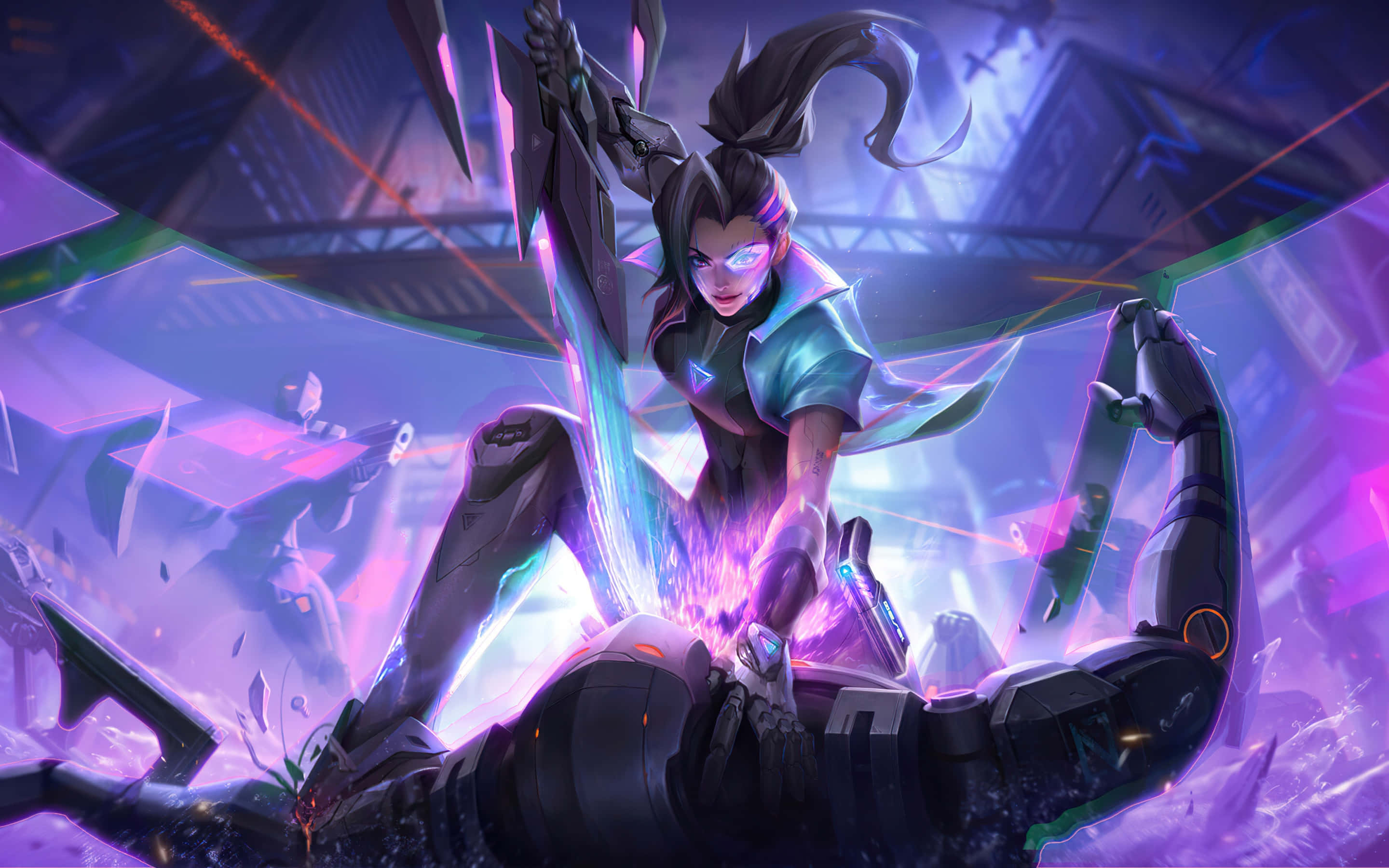3840x1080 龍珠 桌布 壁紙 — 一個兇猛的動漫戰士，擁有發光的眼睛和電子義肢，在充滿活力的紫色和藍色色調中劈開破碎的未來城市景觀。
