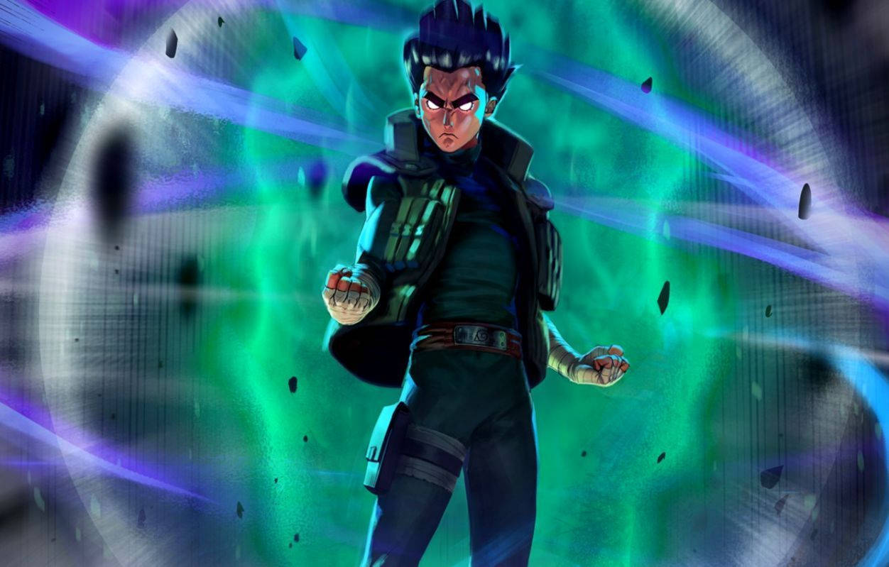 Rock Lee 桌布 壁紙 — 一個兇猛的動漫戰士，擁有發光的紅色眼睛和尖刺頭髮，在動態戰鬥姿勢中引導綠色和紫色能量。