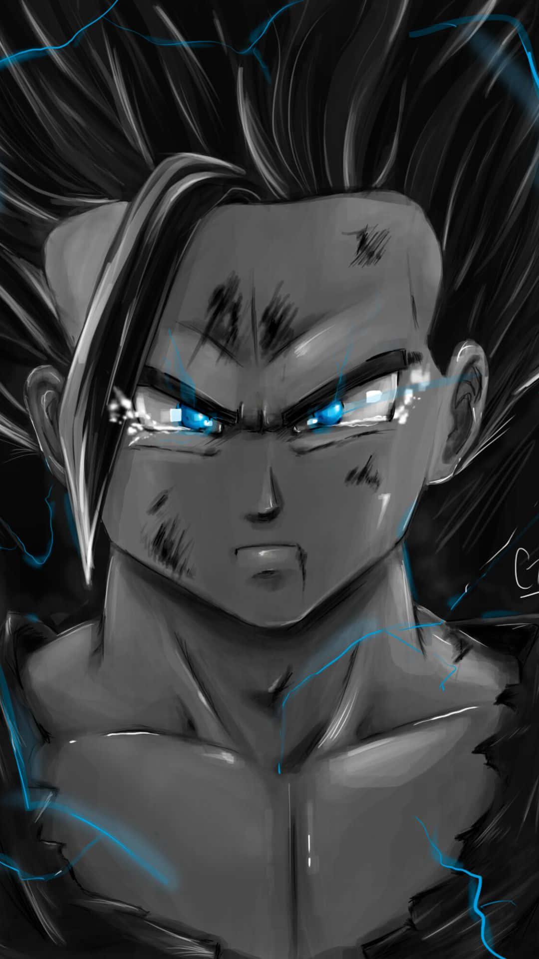 Gohan 桌布 壁紙 — 一個兇猛的動漫戰士，擁有發光的藍色眼睛和尖刺頭髮，被電藍色能量條紋包圍，背景黑暗。