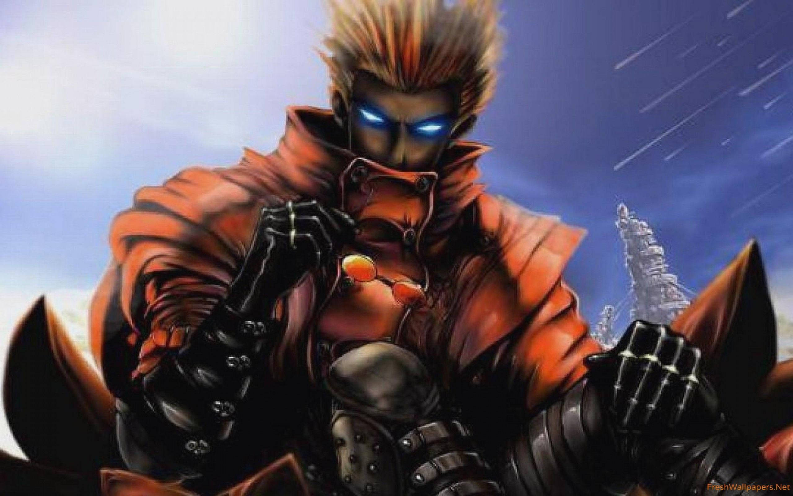 Trigun 桌布 壁紙 — 一個兇猛的動漫戰士，擁有發光的藍色眼睛和尖刺的橙色頭髮，在星空背景下擺出動態姿勢。
