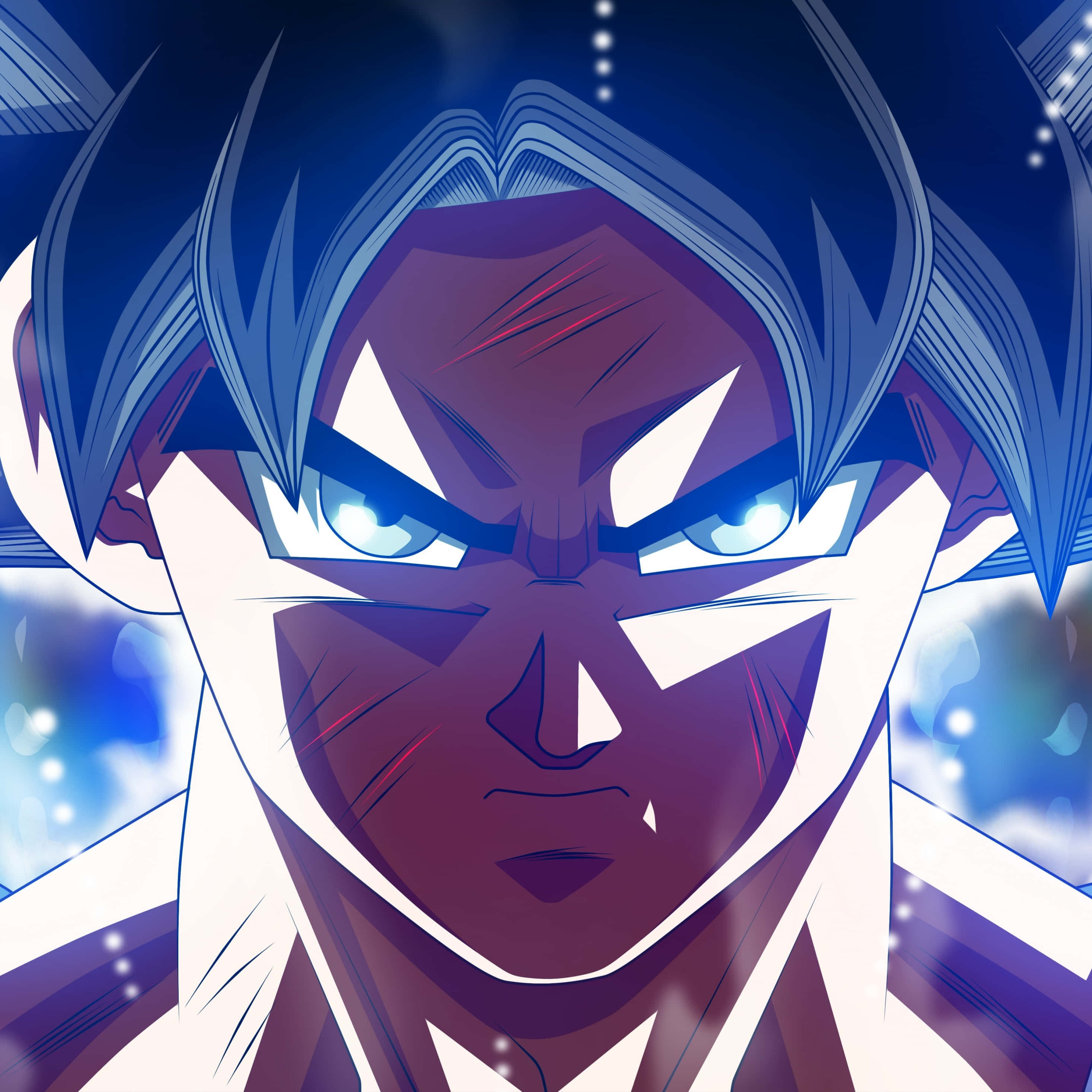 Dragon Ball Goku Ultra Instinct 桌布 壁紙 — 一個兇猛的動漫戰士，擁有發光的藍色眼睛和尖刺頭髮，在宇宙藍色背景下強烈凝視。