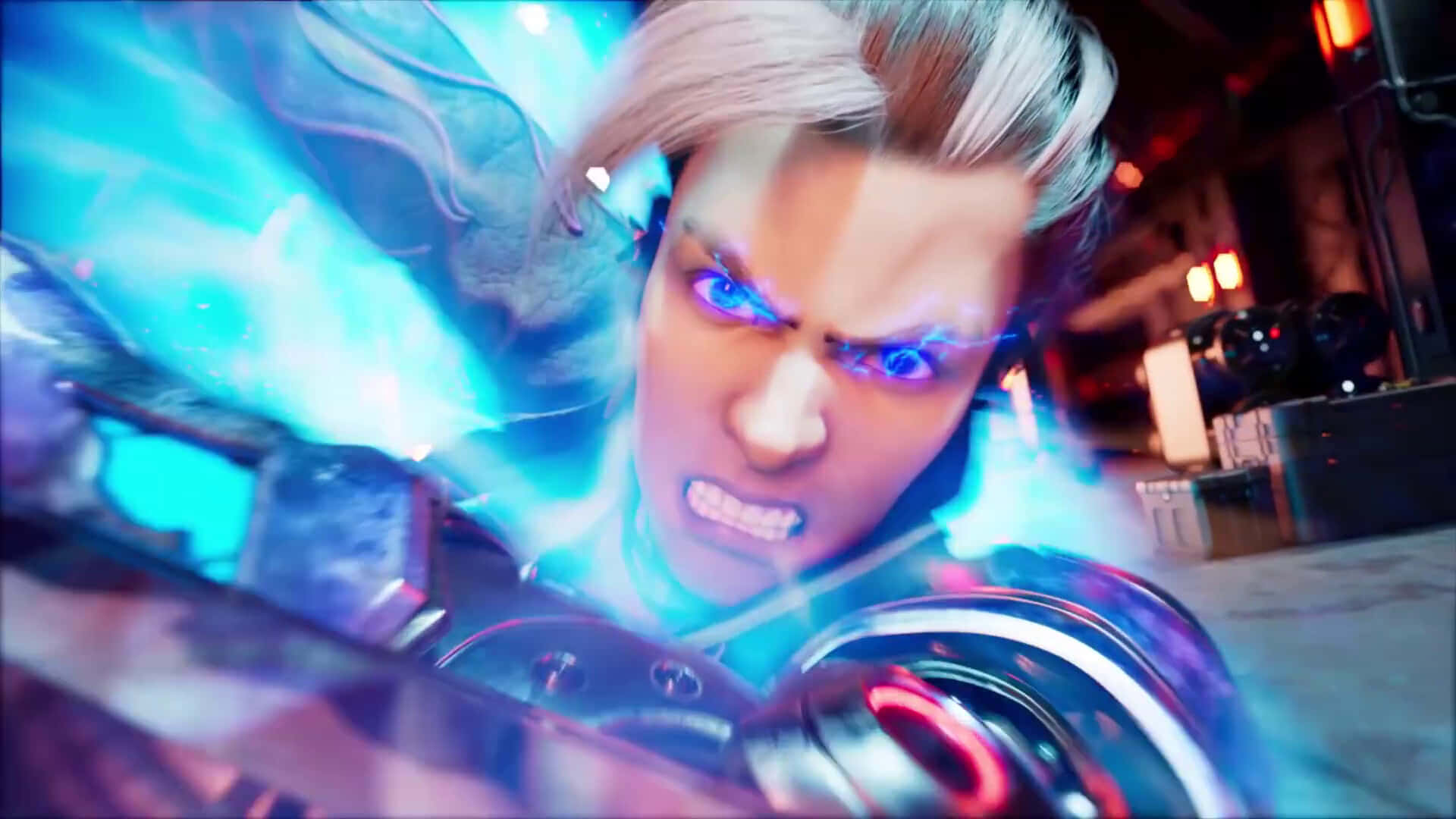 Cool Gaming 桌布 壁紙 — 一個兇猛的動漫戰士，擁有發光的藍色眼睛，能量在他們裝甲形態周圍噼啪作響，處於黑暗的未來設定中。