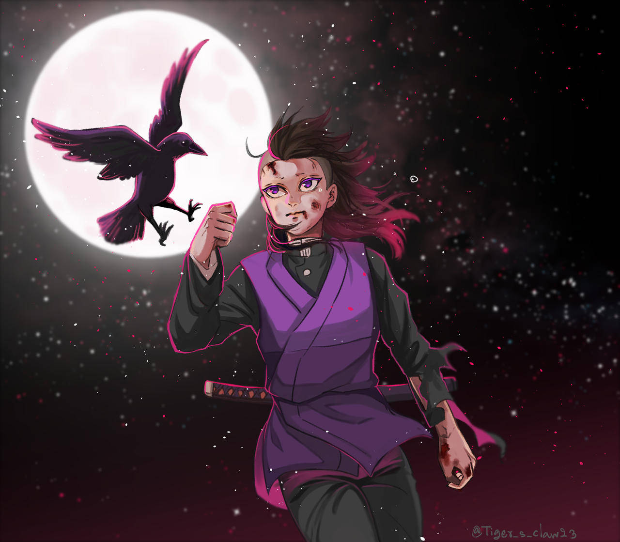 genya 桌布 壁紙 — 一個兇猛的動漫戰士，擁有紫色眼睛和血跡斑斑的臉，在發光的滿月下奔跑，一隻烏鴉在旁邊翱翔。