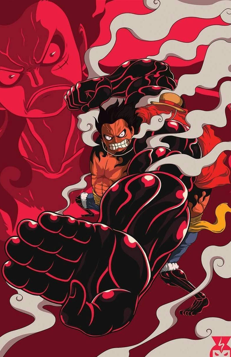 luffy gear 4 桌布 壁紙 — 一個兇猛的動漫戰士，擁有黑色和紅色的惡魔果實能力，向前衝刺，巨大的拳頭被旋轉的煙霧包圍，背景中有一個威脅性的紅色面孔。