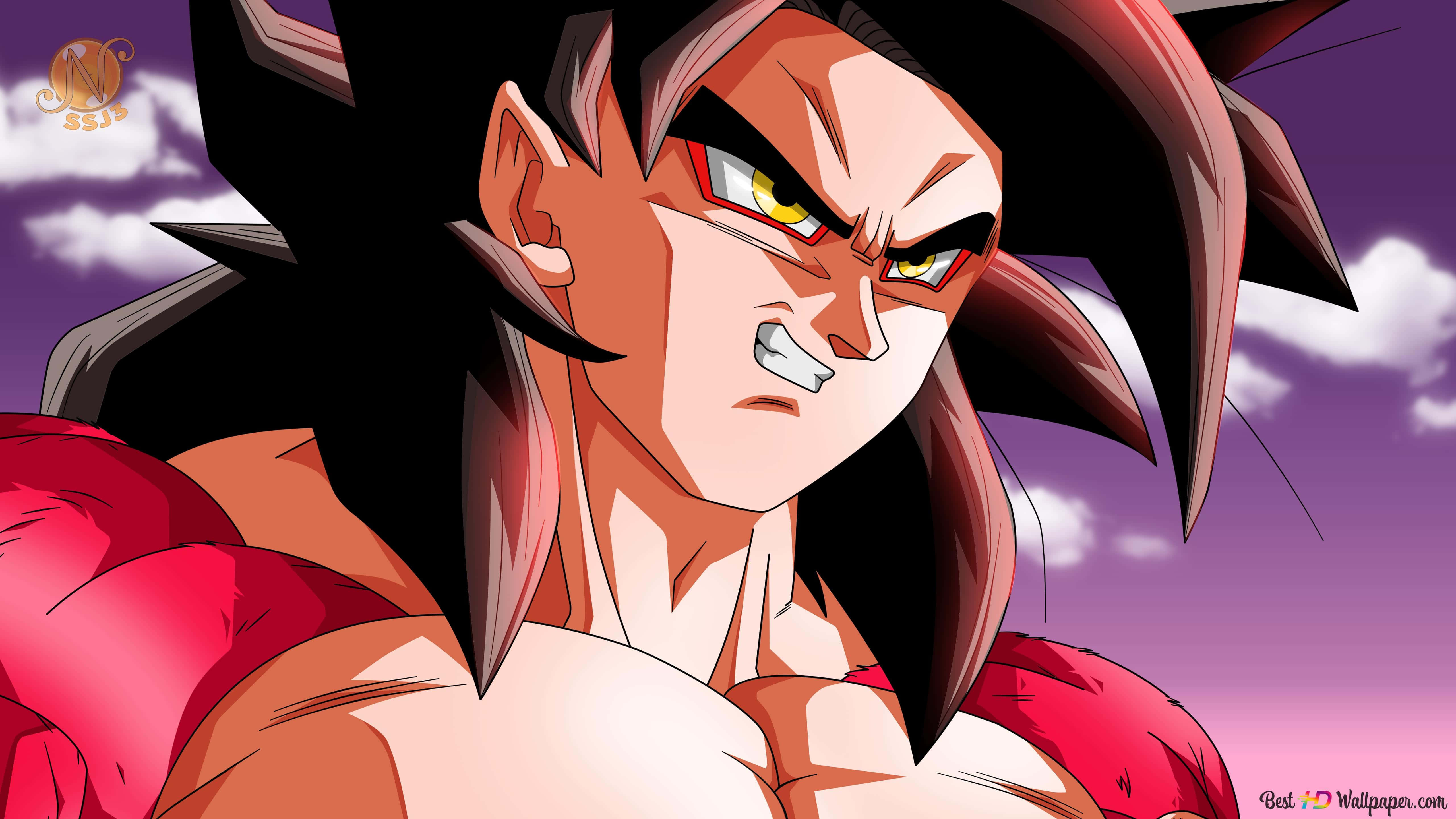 Goku Super Saiyan 4 桌布 壁紙 — 一個兇猛的動漫戰士，有著刺刺的黑髮和發光的黃色眼睛，在帶有白雲的紫色天空下強烈地凝視著。