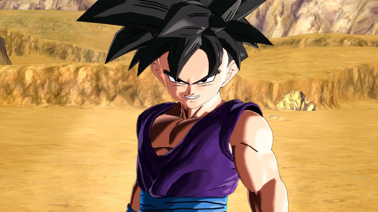 Teen Gohan 桌布 壁紙 — 一個兇猛的動漫戰士，有著刺蝟般的黑色頭髮和紫色道服，站在荒涼的沙漠景觀中。