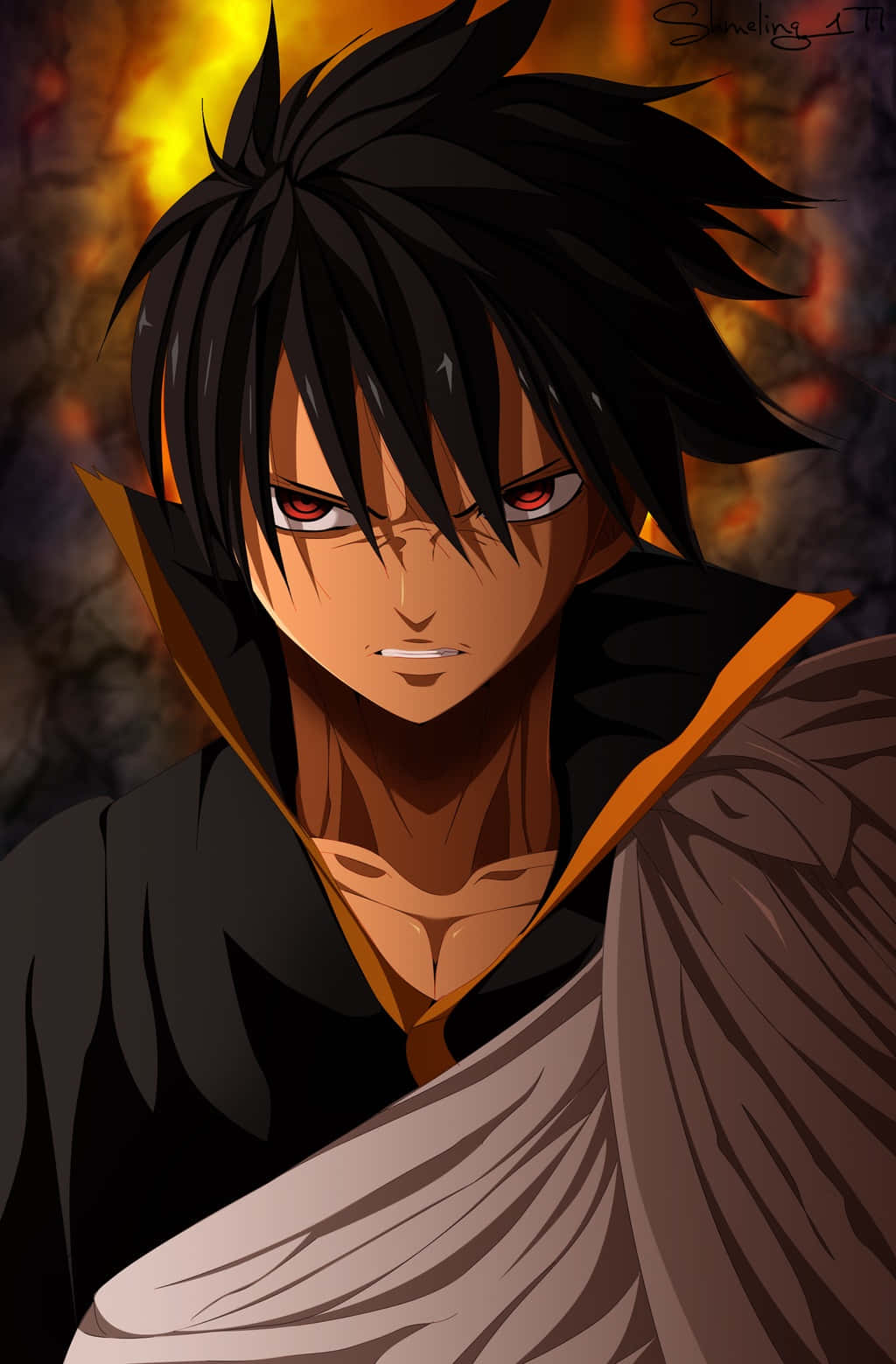 Zeref Dragneel 桌布 壁紙 — 一個兇猛的動漫戰士，有著刺蝟般的黑色頭髮和發光的紅色眼睛，在熾熱的橙色和黑暗背景下強烈地凝視著。