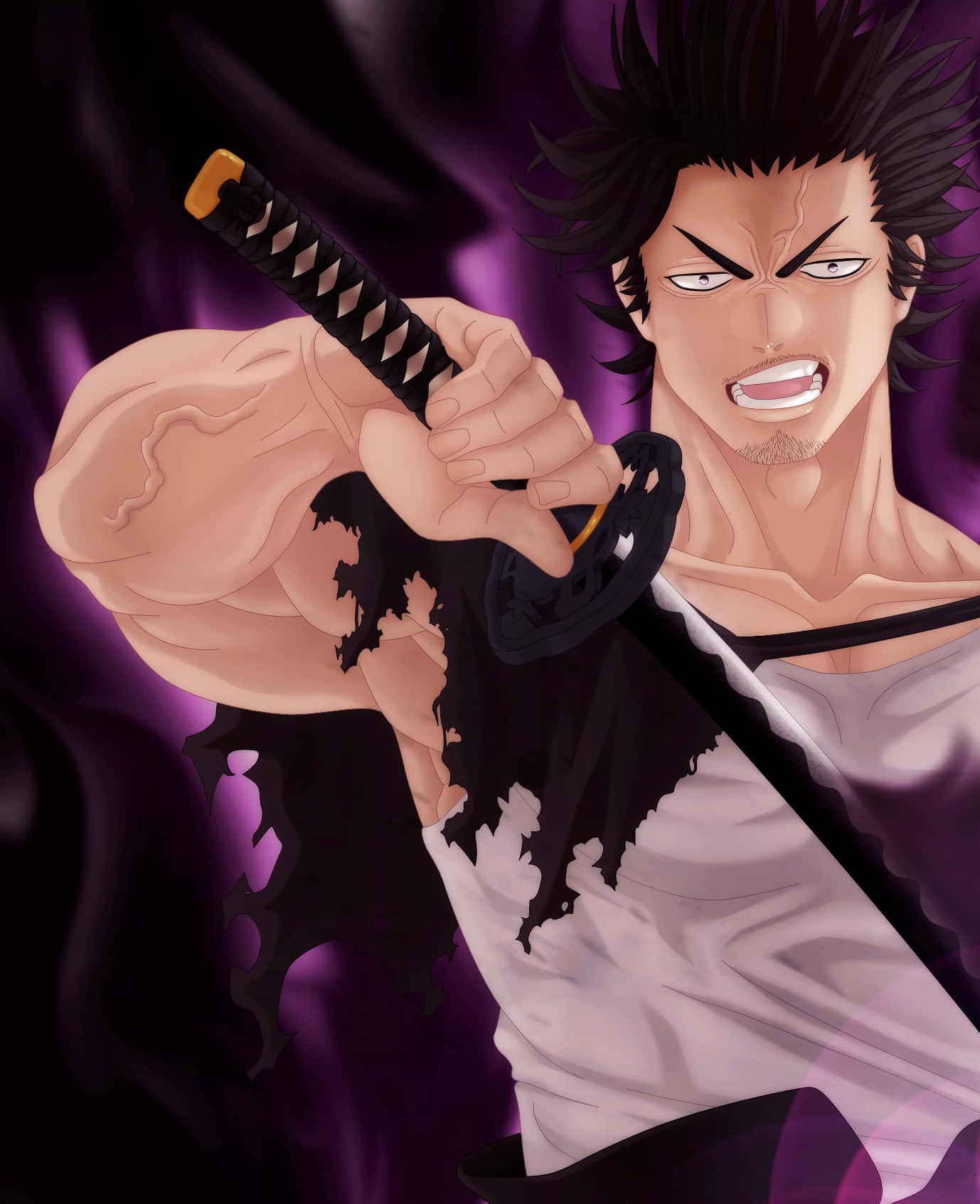 Black Clover Yami 桌布 壁紙 — 一個兇猛的動漫戰士，有著刺蝟般的黑髮，在旋轉的紫色背景中緊握著一把武士刀。