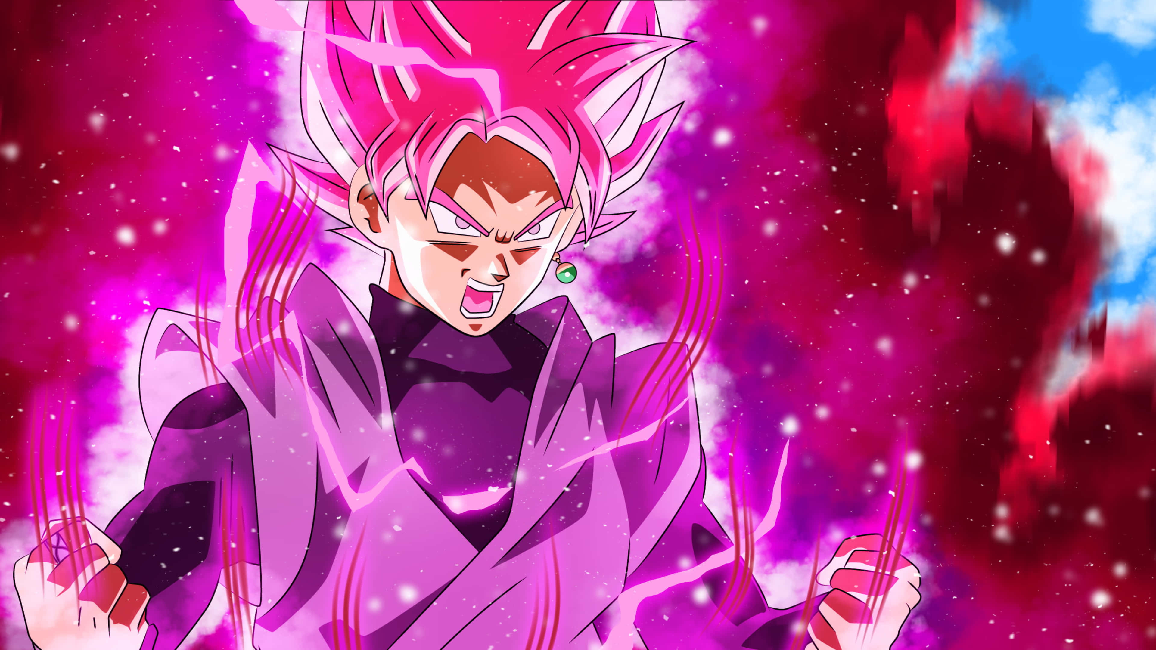 Goku Black 4K 桌布 壁紙 — 一個兇猛的動漫戰士，有著尖刺的粉紅色頭髮和發光的光環，在宇宙粉紅色和紅色星雲背景下咆哮。