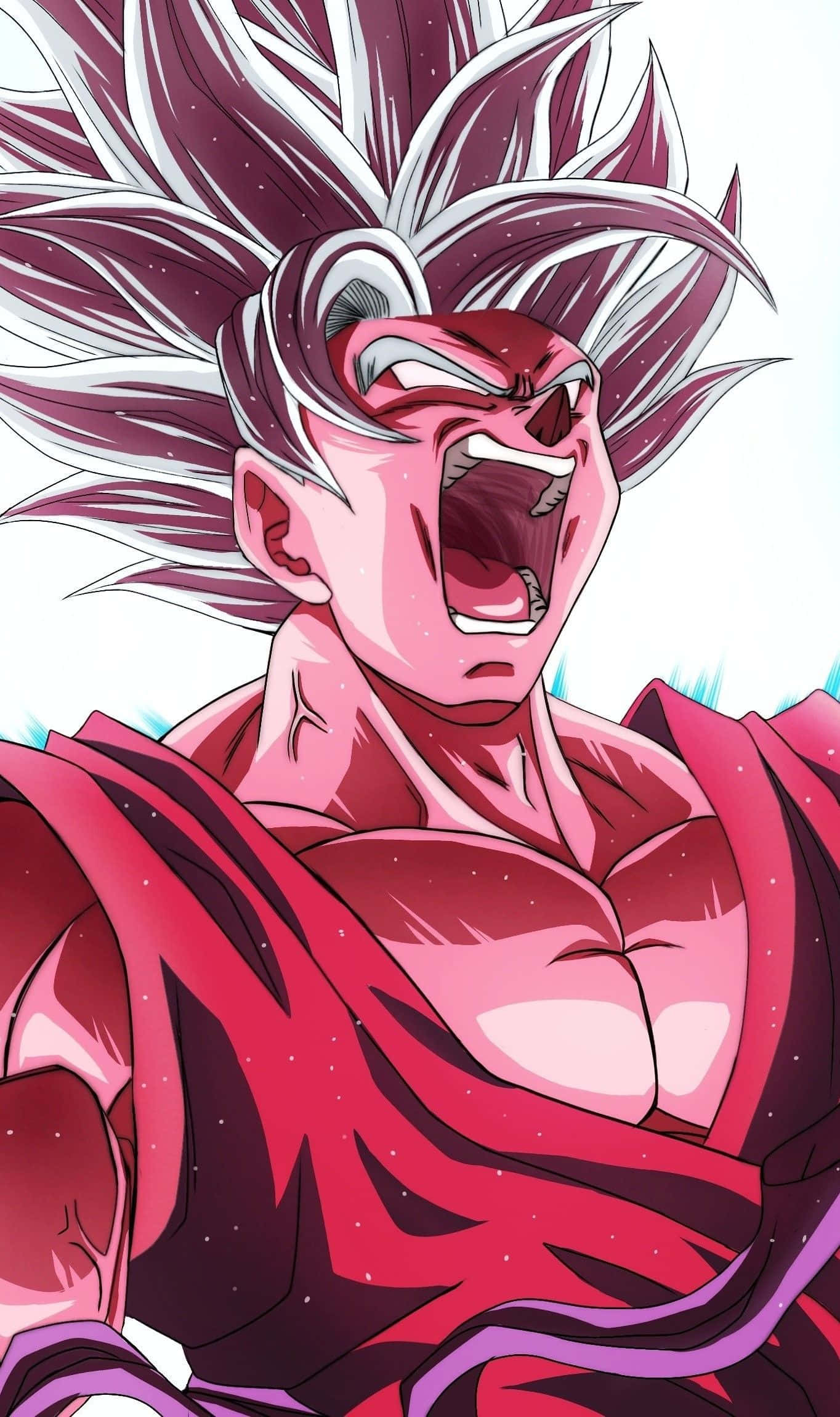 Goku Kaioken 桌布 壁紙 — 一個兇猛的動漫戰士，有著尖刺的粉紅色和白色頭髮，咆哮著，散發著發光的紅色肌肉和圍繞他旋轉的宇宙能量。