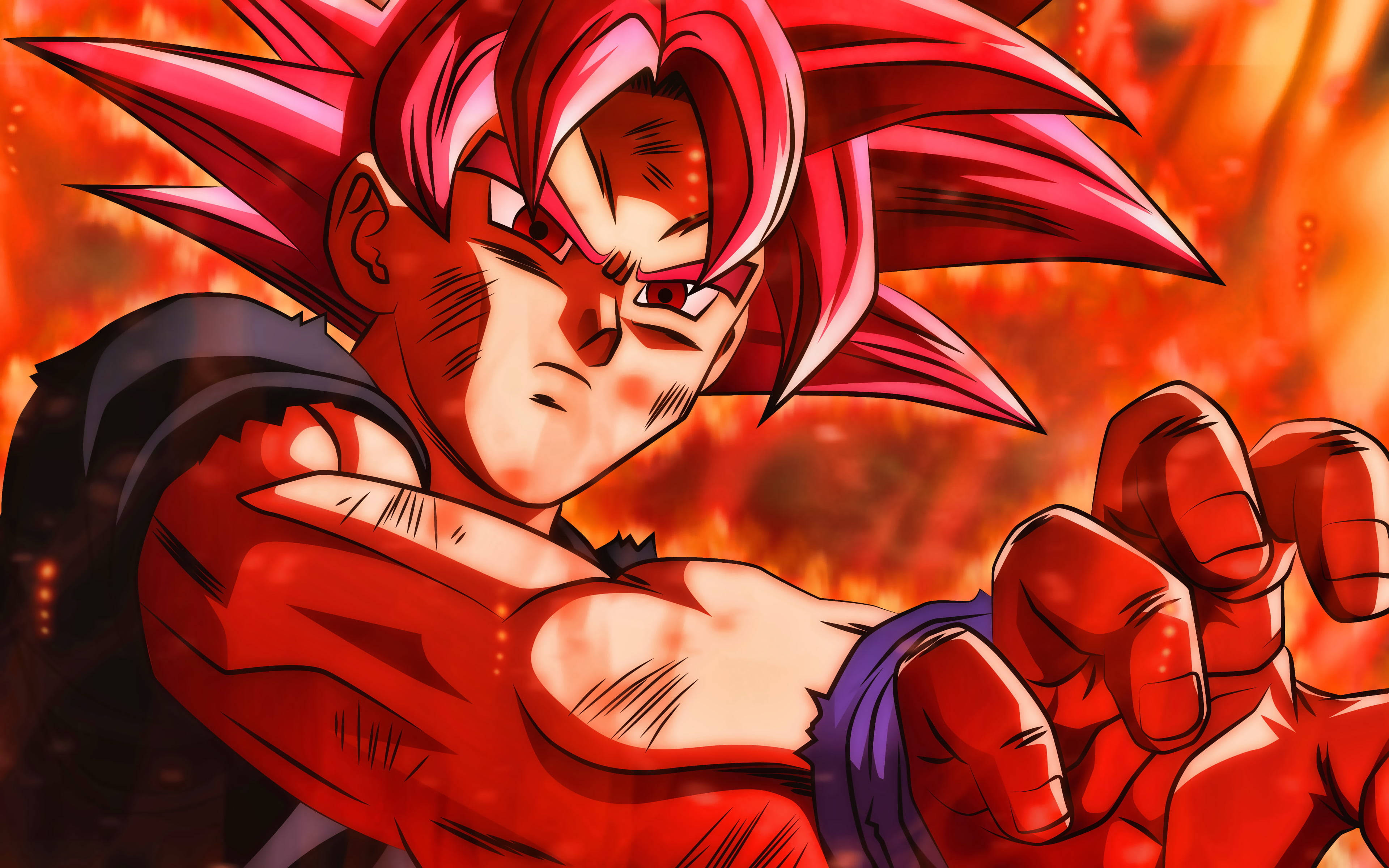 black goku rose 4K 桌布 壁紙 — 一個兇猛的動漫戰士，有著尖刺的紅髮和發光的眼睛，在熾熱的橙色背景前緊握拳頭。