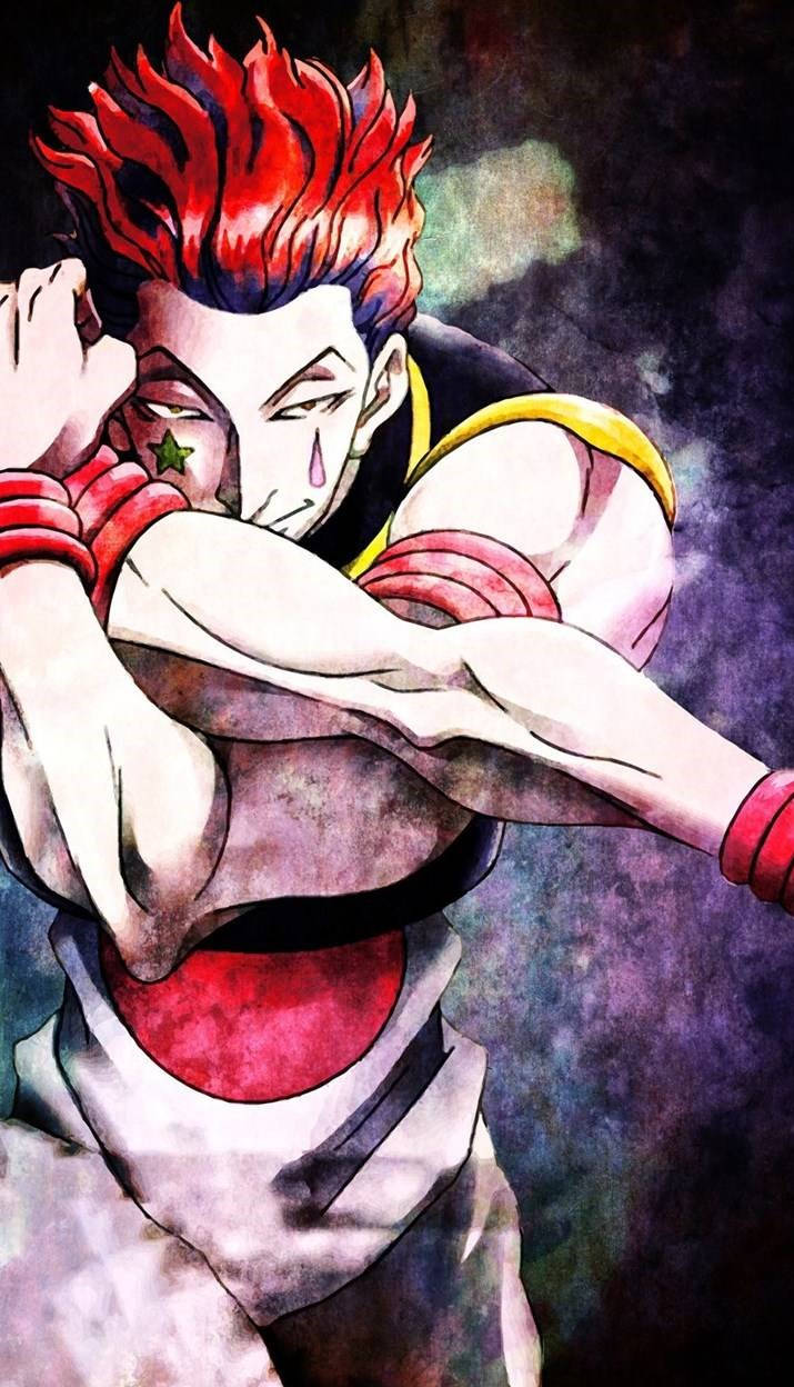 Hunter X Hunter iPhone 桌布 壁紙 — 一個兇猛的動漫戰士，有著尖刺的紅髮和臉頰上的淚痕，在黑暗煙霧背景前擺出強有力的姿勢。