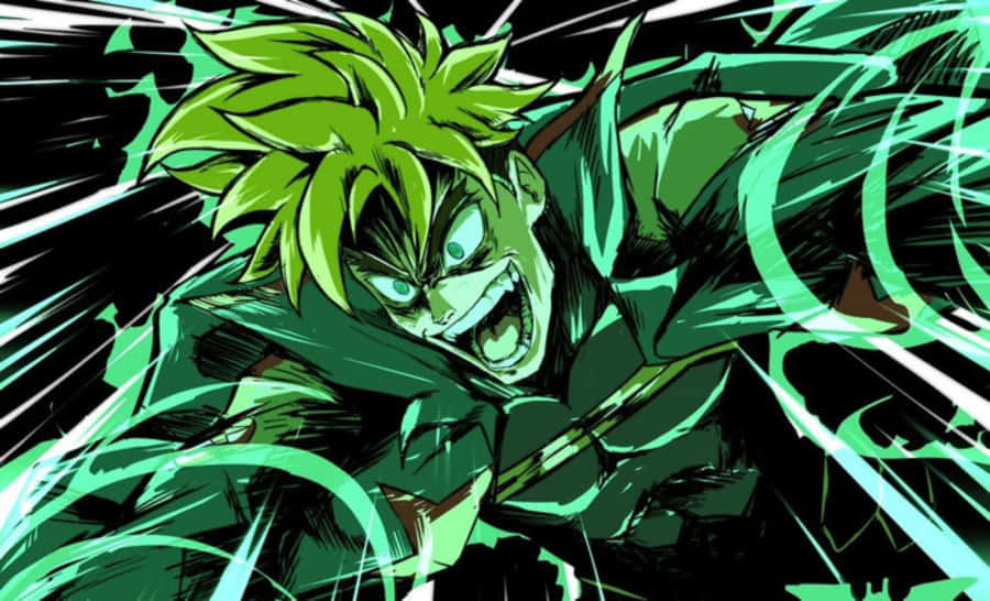 Kittan Bachika 桌布 壁紙 — 一個兇猛的動漫戰士，有著尖刺的綠色頭髮和發光的眼睛，在旋轉的綠色能量和黑色動作線中咆哮前進。