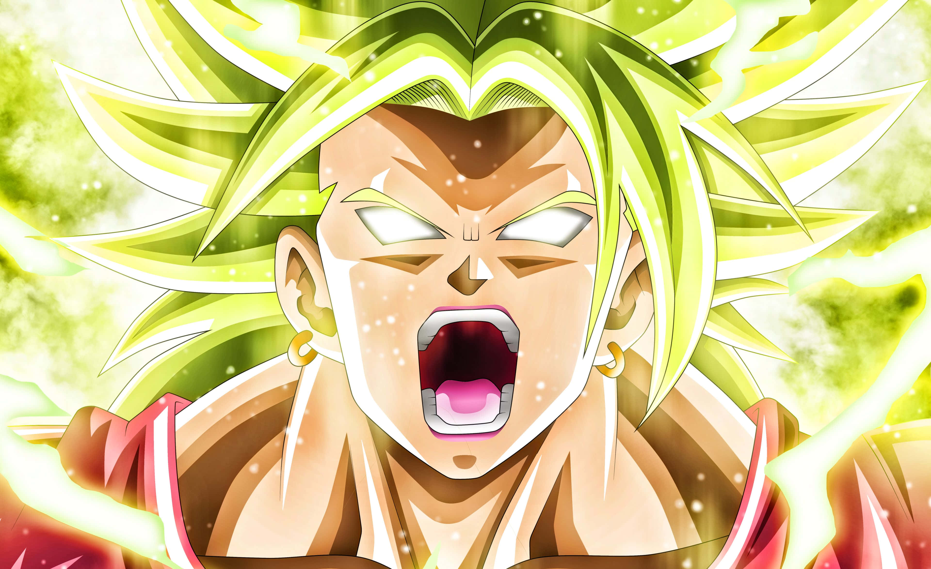 Dragon Ball Super Universe 6 桌布 壁紙 — 一個兇猛的動漫戰士，有著尖刺的綠色頭髮，對著發光的黃色能量光環咆哮。