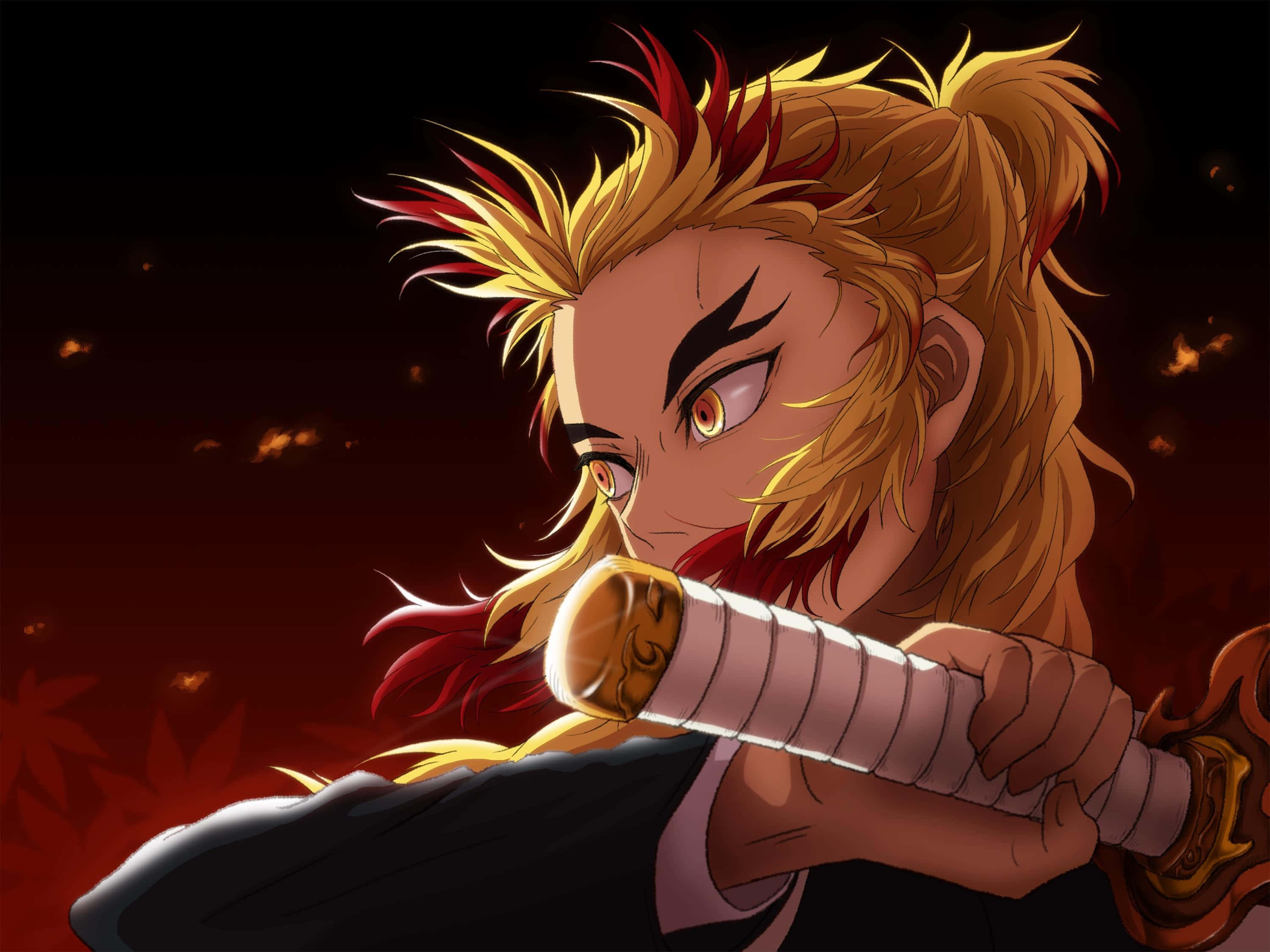 Rengoku Sword 桌布 壁紙 — 一個兇猛的動漫戰士，有著尖刺的金色頭髮，在火紅的背景中緊握著劍。