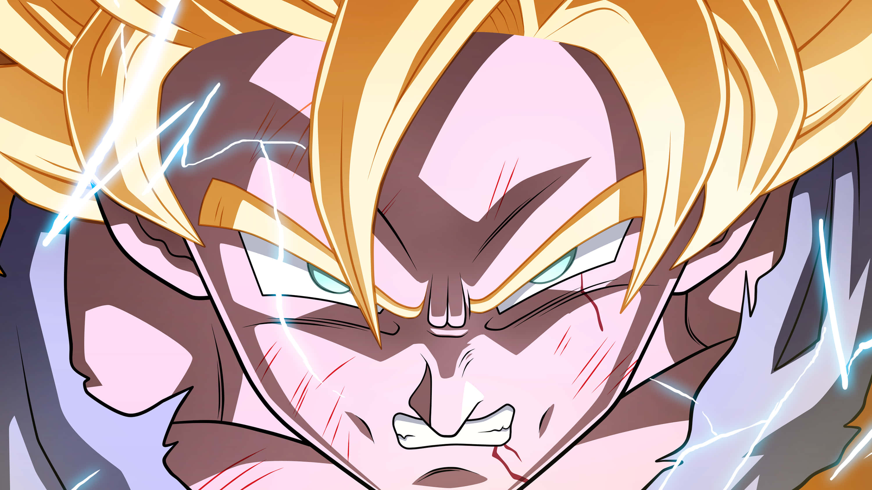 Cool Dragon Ball 桌布 壁紙 — 一個兇猛的動漫戰士，有著尖刺的金色頭髮，發光的藍色閃電在他強烈的臉龐周圍劈啪作響。