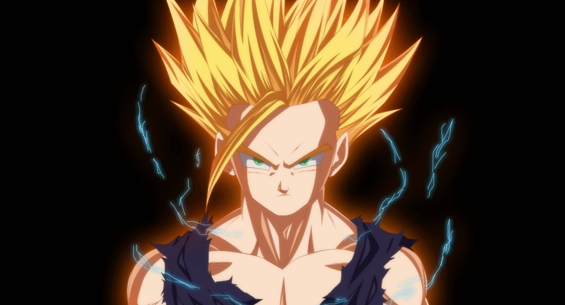 Gohan 桌布 壁紙 — 一個兇猛的動漫戰士，有著尖刺的金色頭髮和發光的綠色眼睛，在黑色背景上散發出藍色閃電。