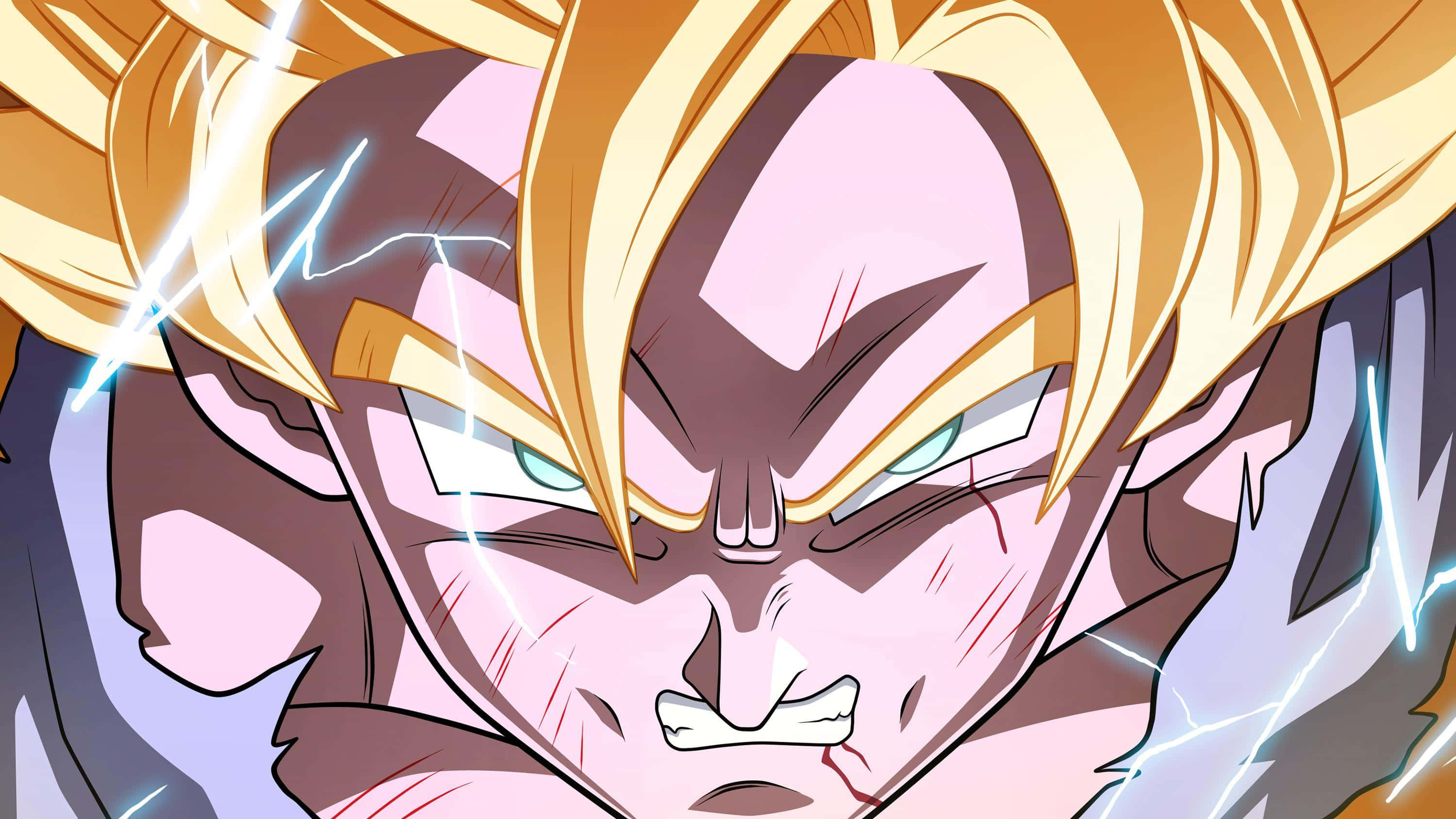 Saiyan Race 桌布 壁紙 — 一個兇猛的動漫戰士，有著尖刺的金色頭髮，發光的藍色閃電在他激烈的臉龐周圍劈啪作響。