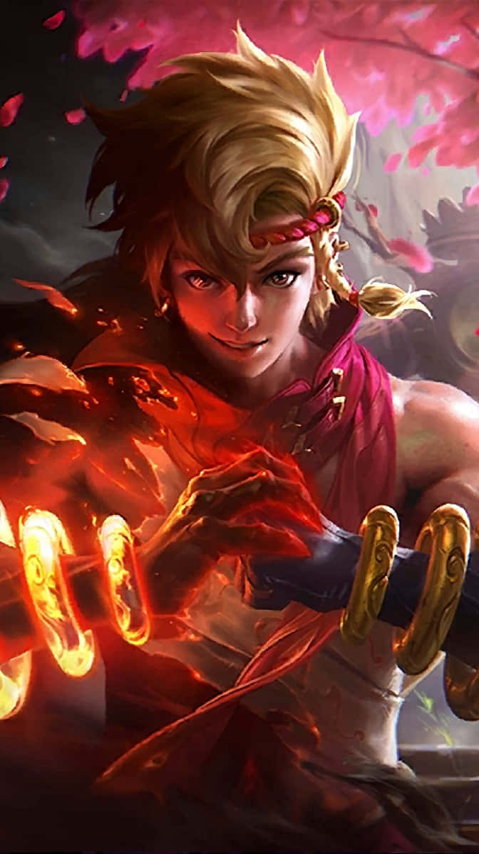 Mobile Legends 動態圖 桌布 壁紙 — 一個兇猛的動漫戰士，有著尖刺的金色頭髮，在黑暗的天空下揮舞著發光的劍，周圍飄落著櫻花。