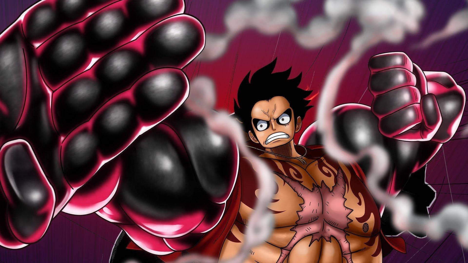 luffy gear 4 桌布 壁紙 — 一個兇猛的動漫戰士，有著尖刺的黑髮和發光的眼睛，在深紫色背景的旋轉煙霧中釋放出巨大的紅色和黑色拳頭。