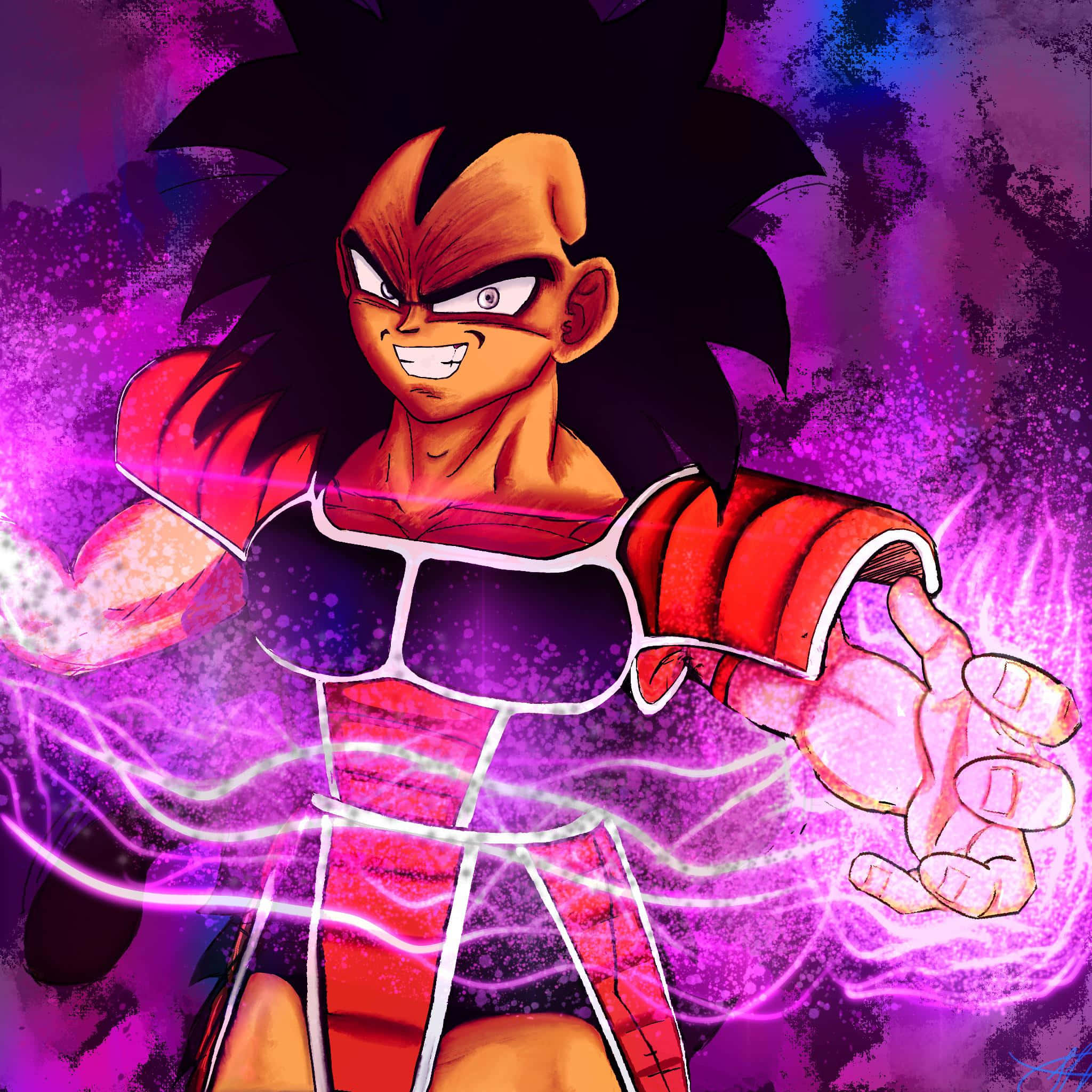 Raditz 桌布 壁紙 — 一個兇猛的動漫戰士，有著尖刺的黑髮和紅色盔甲，以動態姿勢引導發光的紫色能量。