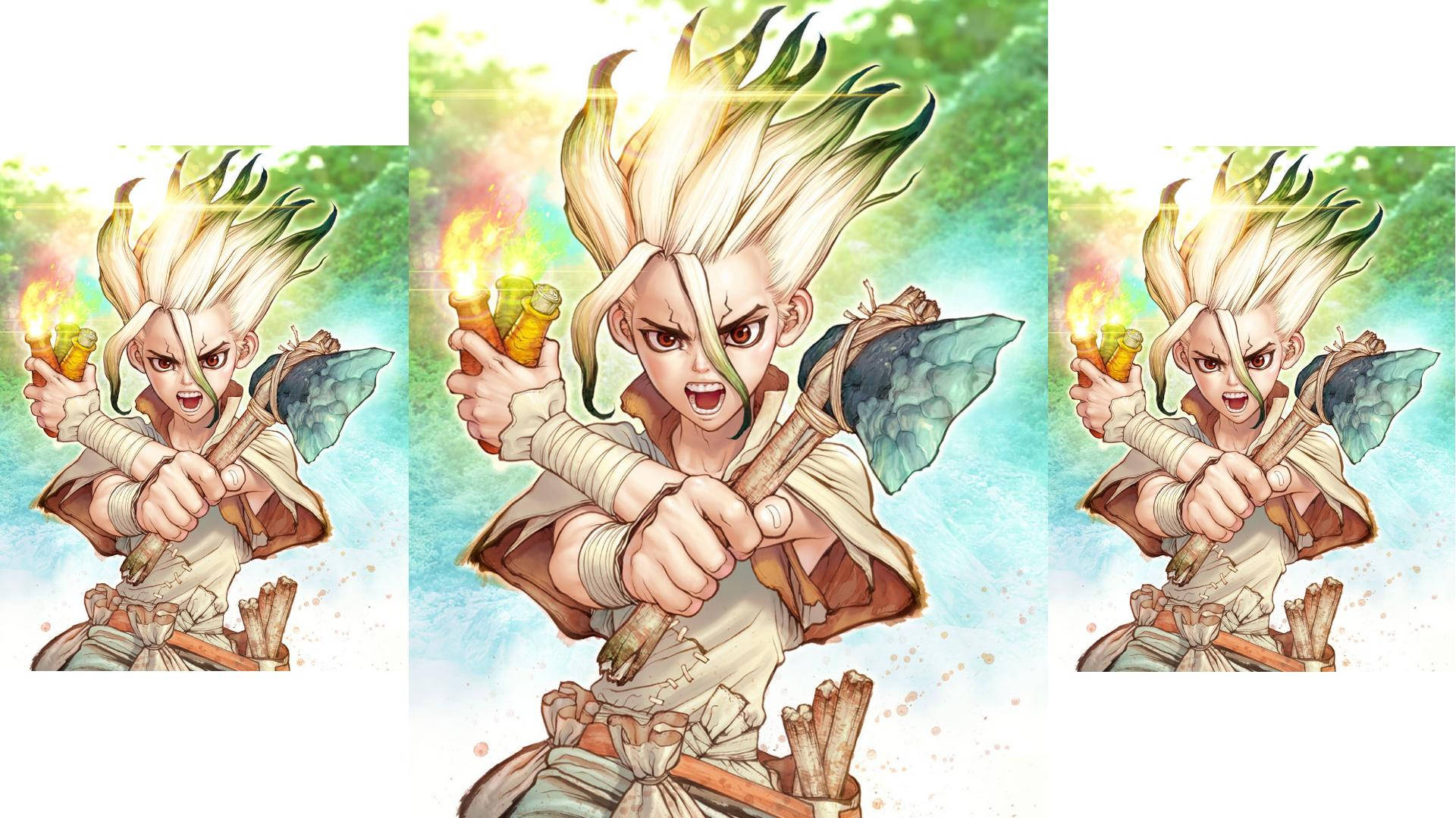 Dr Stone 桌布 壁紙 — 一個兇猛的動漫戰士，有著尖刺金髮和發光的綠色髮尖，在動態戰鬥姿勢中揮舞著燃燒的火把和弓。