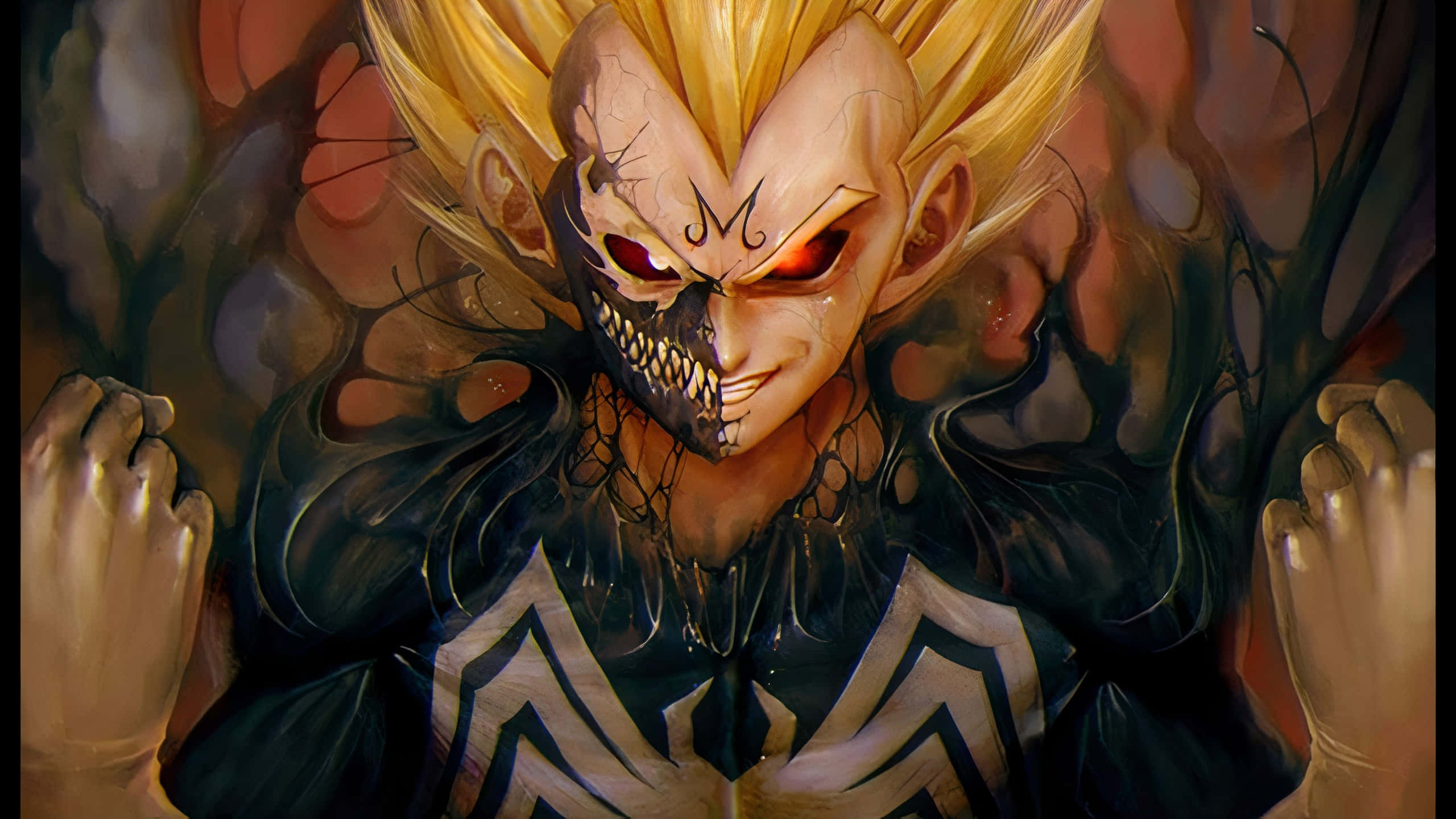 Vegeta 桌布 壁紙 — 一個兇猛的動漫戰士，有著尖刺金髮和半骷髏臉，在黑暗旋轉的背景中發出紅色發光的眼睛咆哮。