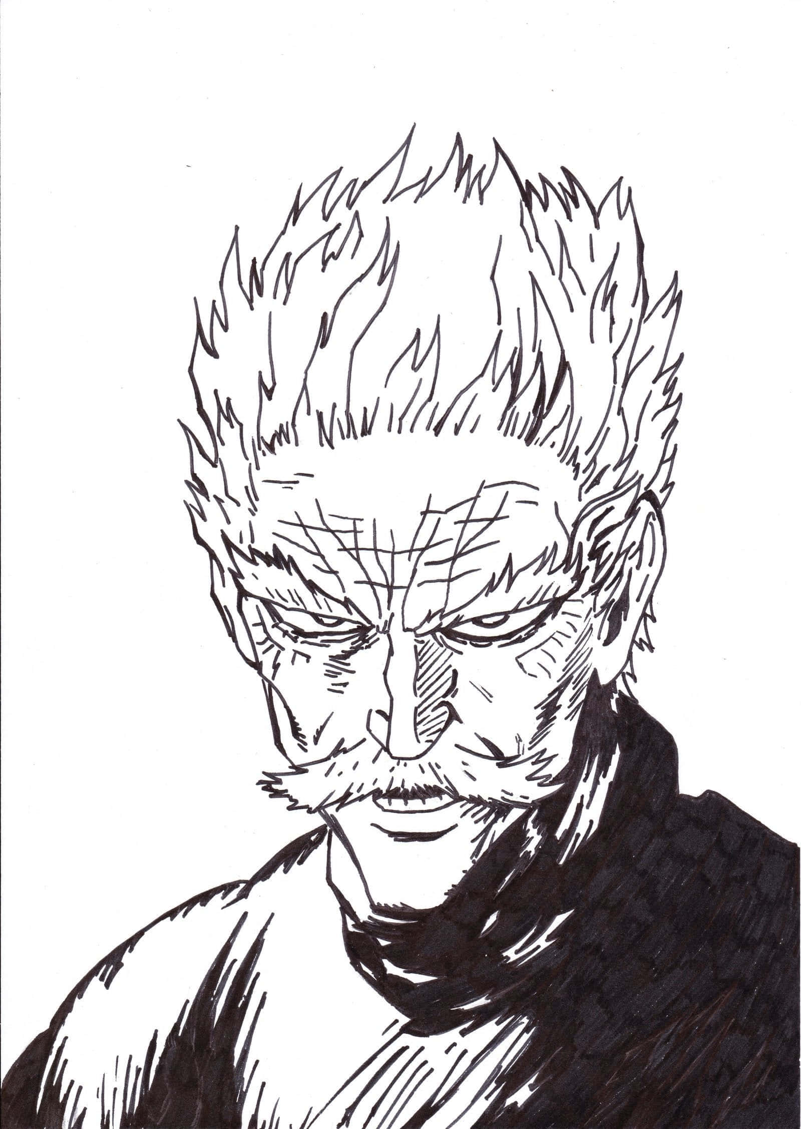 Silverfang 桌布 壁紙 — 一個兇猛的動漫戰士，有著尖刺頭髮和嚴肅的表情，用大膽的黑色墨水畫在白色上。