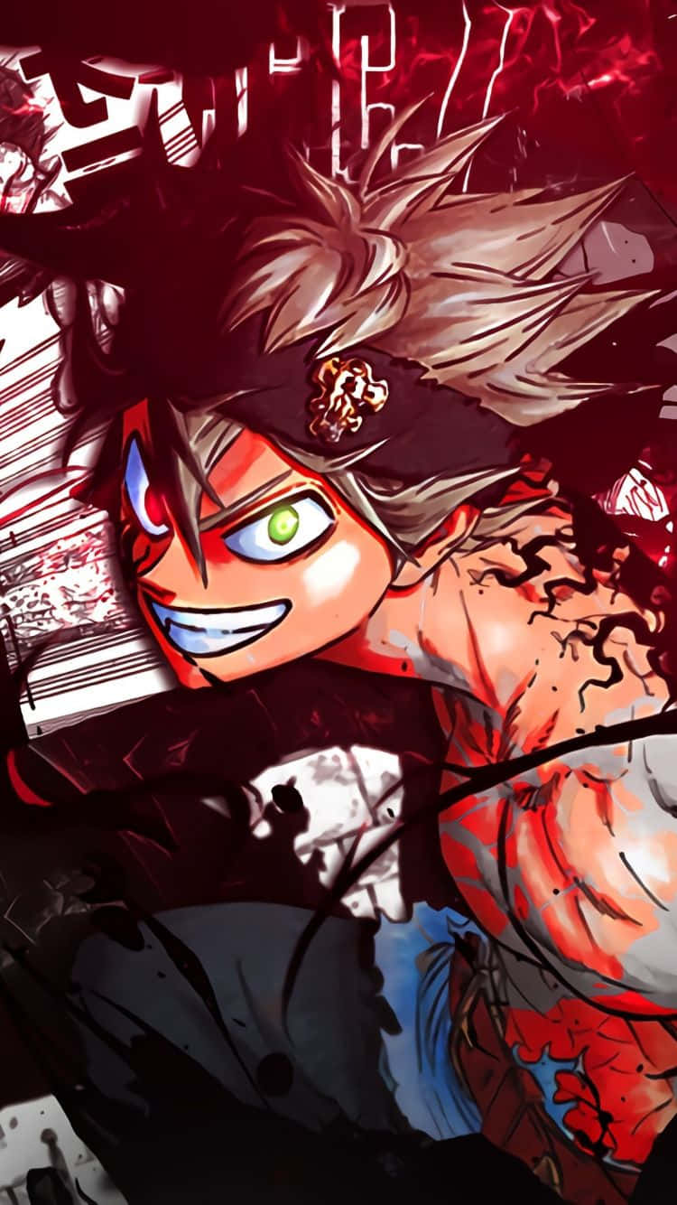 Black Clover Anime 桌布 壁紙 — 一個兇猛的動漫戰士，有著尖刺頭髮和發光的眼睛，在血紅色的破碎背景中向前衝刺。