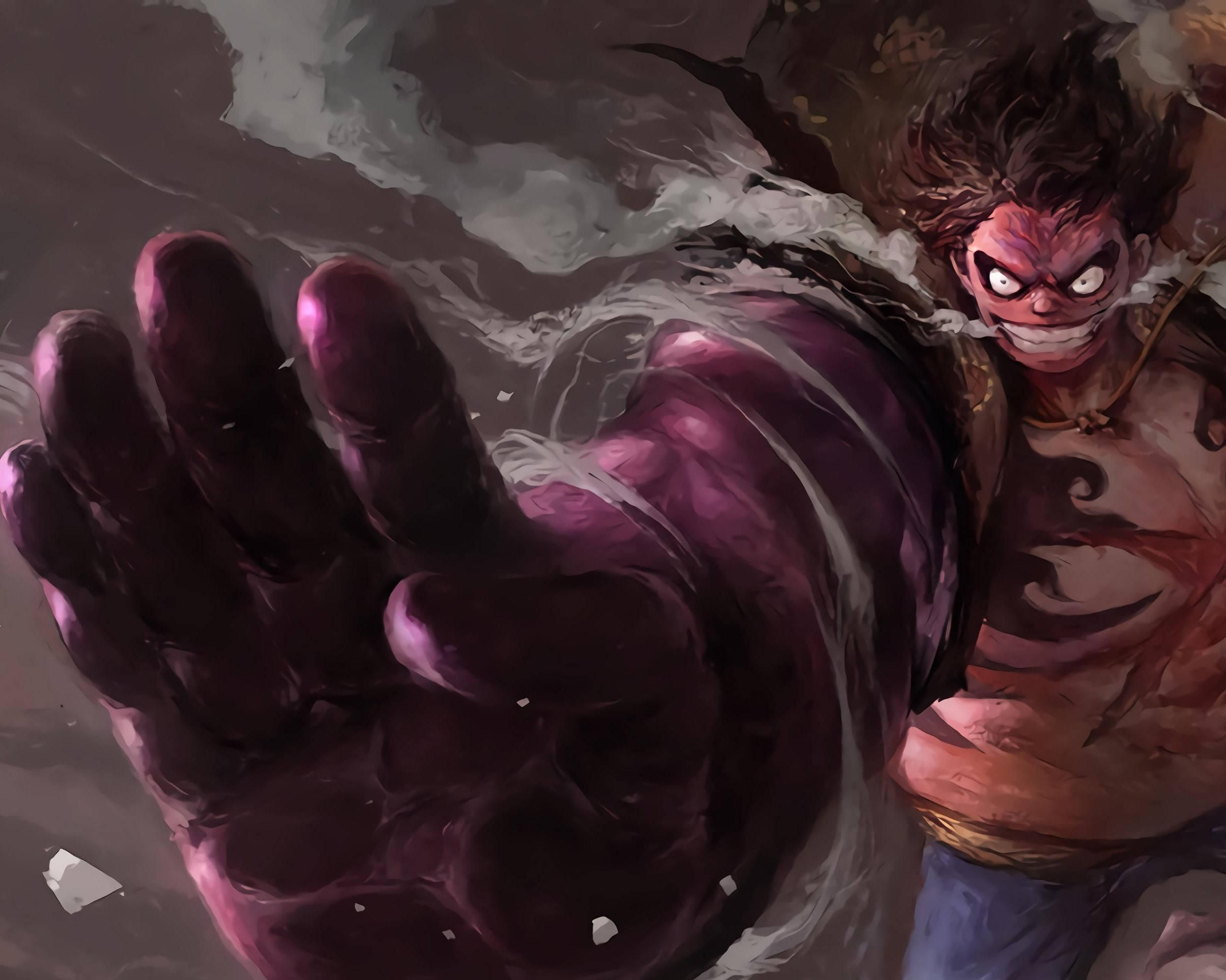 luffy gear 4 桌布 壁紙 — 一個兇猛的動漫戰士，有著狂野的頭髮和發光的眼睛，透過旋轉的煙霧和碎片伸出一隻巨大的紫色手。