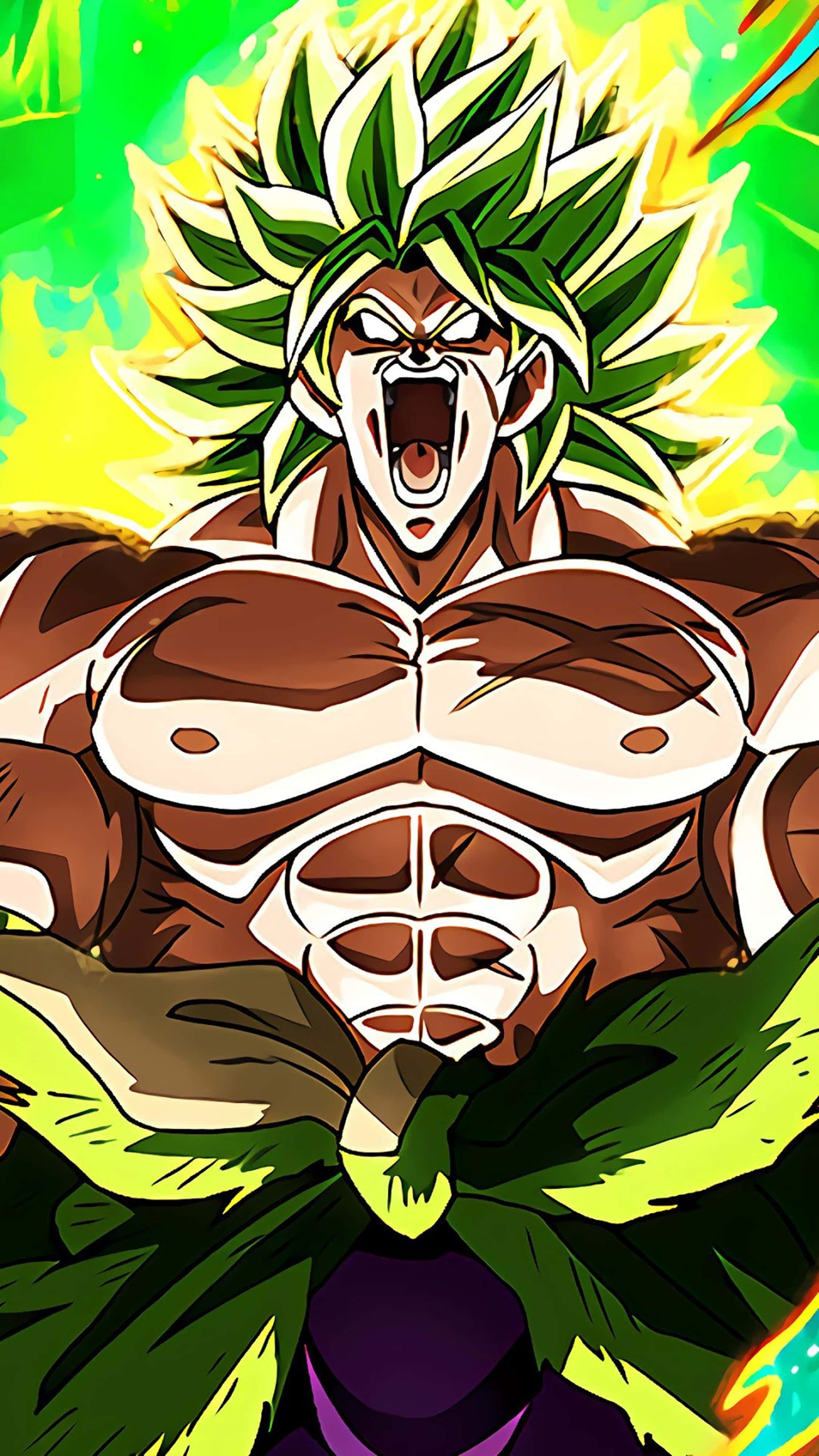 Broly 4K 桌布 壁紙 — 一個兇猛的動漫戰士，有著綠色尖刺頭髮和發光氣場，在充滿活力的綠色和黃色背景下，以強烈的能量咆哮。