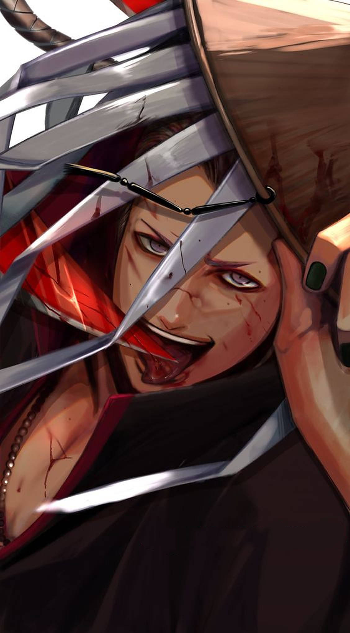 hidan akatsuki 桌布 壁紙 — 一個兇猛的動漫戰士，滿臉鮮血，鋒利的刀刃在動態特寫中劃過畫面。