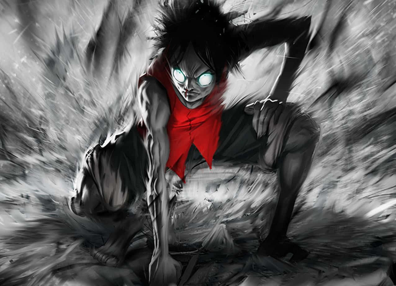 動漫角色，眼睛發光，戴著紅色圍巾，處於戰鬥姿勢。 — 動漫男孩暗黑 壁紙