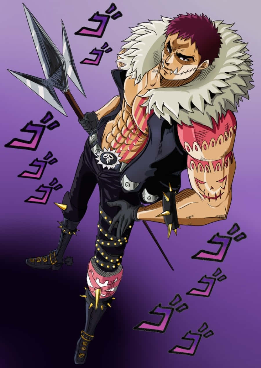 Charlotte Katakuri 桌布 壁紙 — 一個兇猛的動漫戰士，紫色頭髮和毛領，在紫色背景上揮舞著帶刺的三叉戟。