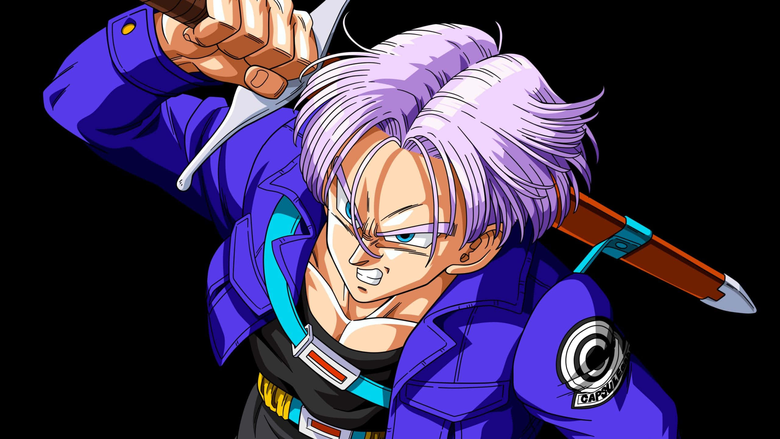 Dragon Ball Z Trunks 桌布 壁紙 — 一個兇猛的動漫戰士，紫色頭髮和藍色眼睛，在黑色背景上揮舞著劍。